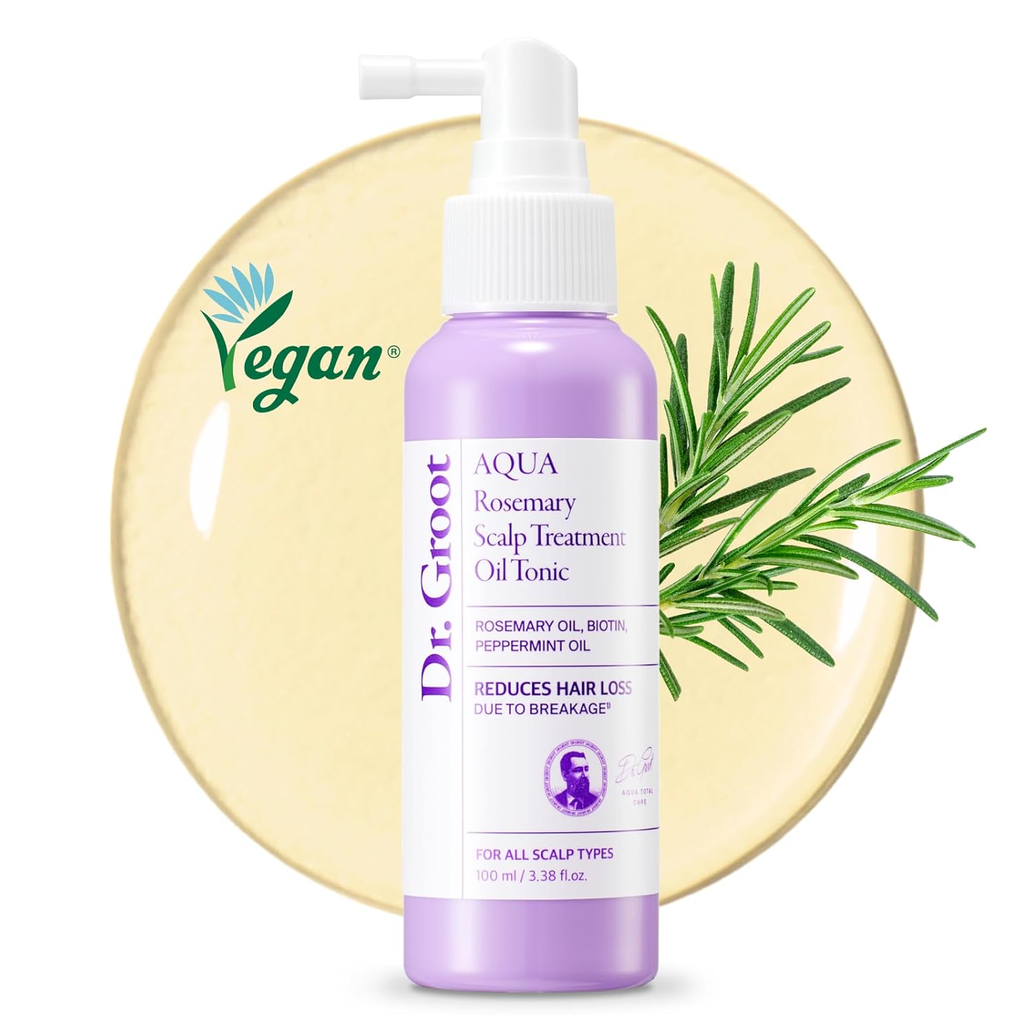 Showcases the product packaging and highlights its vegan, natural ingredients and hair loss prevention benefits.