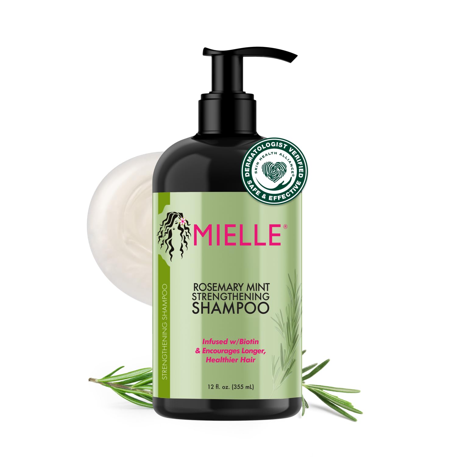 Showcases the product packaging and highlights key features like the rosemary mint scent and biotin infusion for strengthening hair.