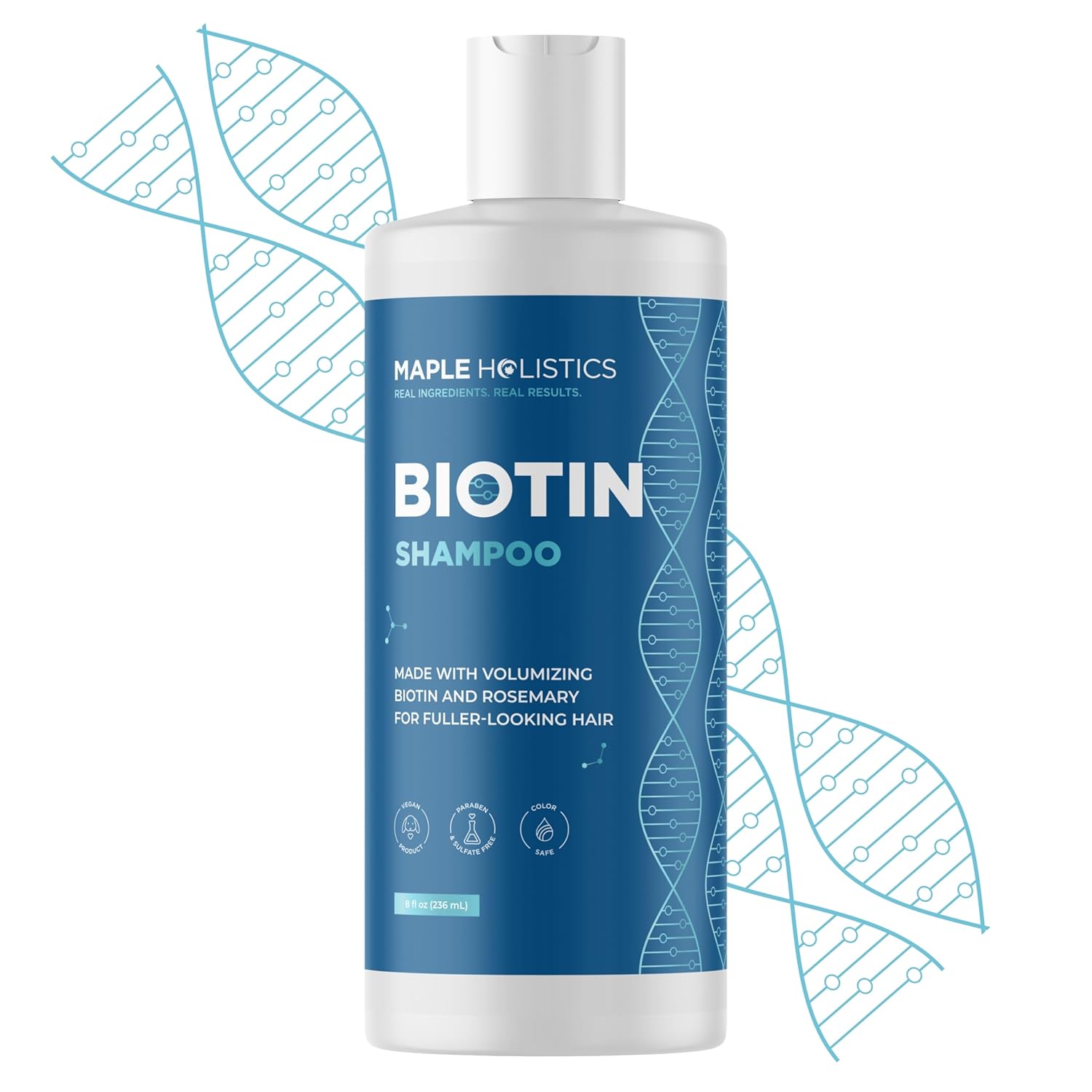 Showcases the product packaging and highlights the key benefit of providing fuller, more voluminous hair.