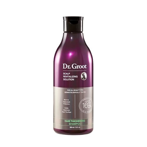 Showcases the product packaging and branding to highlight the key benefits of hair thickening and revitalization.