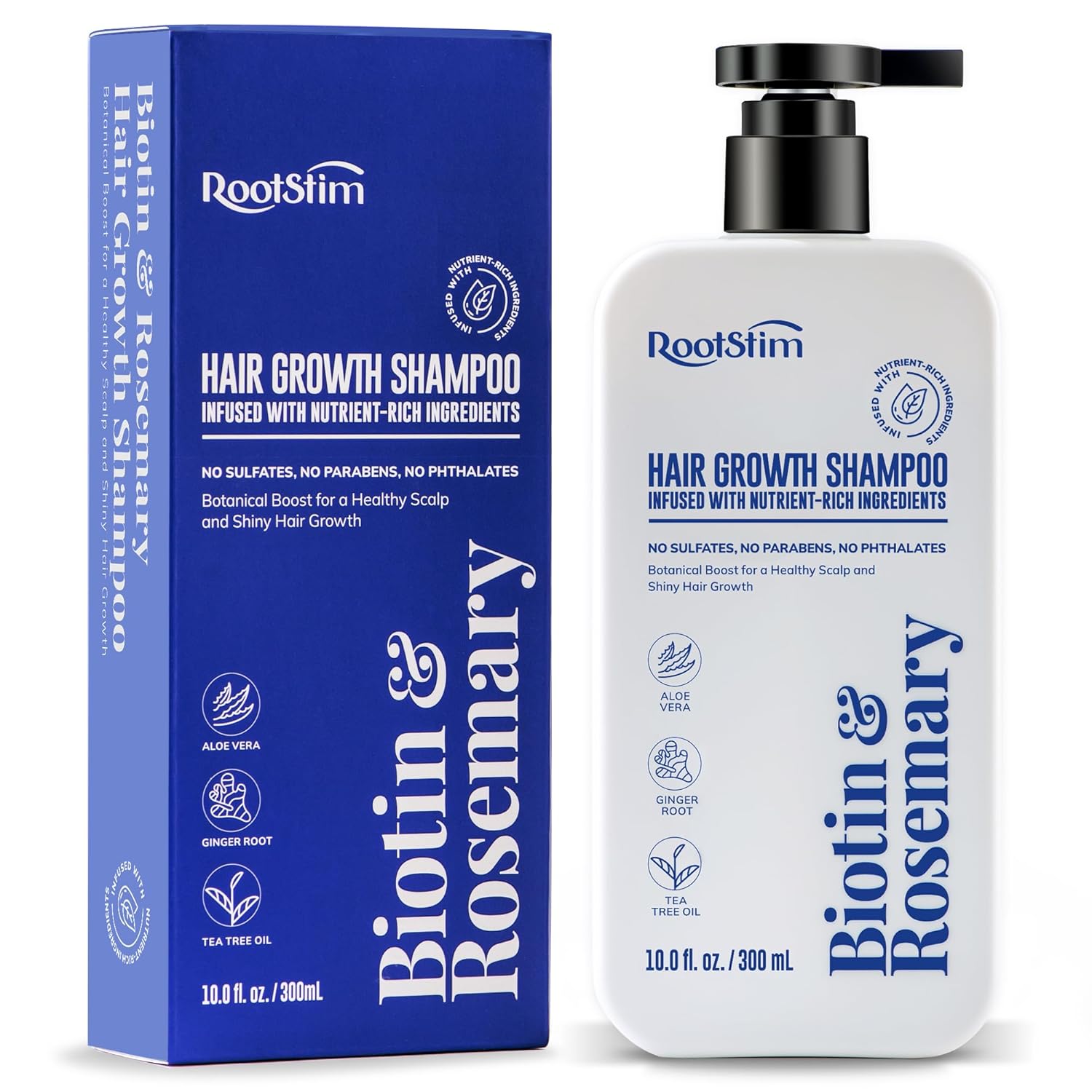 Showcases the product packaging and highlights the nutrient-rich, botanical ingredients for healthy scalp and hair growth.