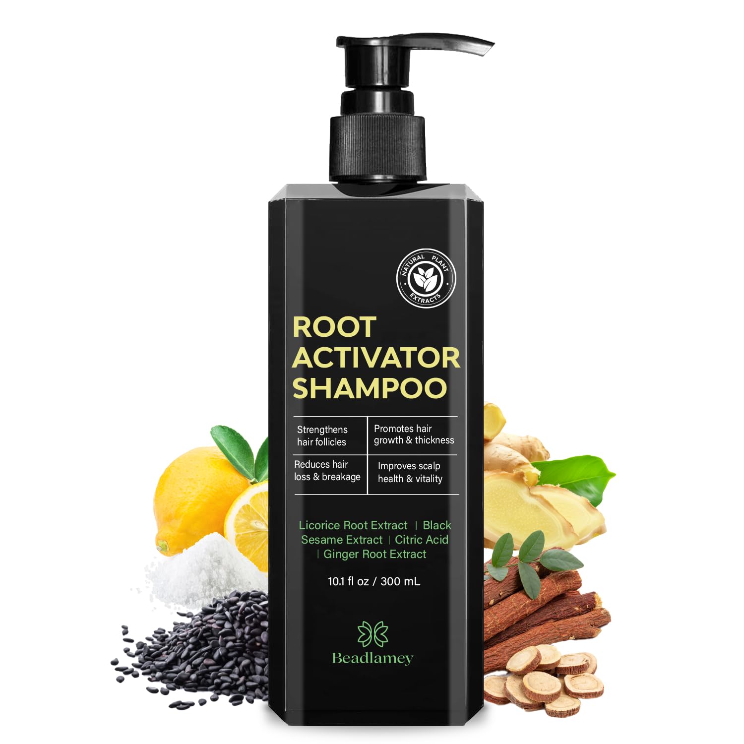 Showcases the product packaging and highlights the natural ingredients and benefits for promoting hair growth and thickness.