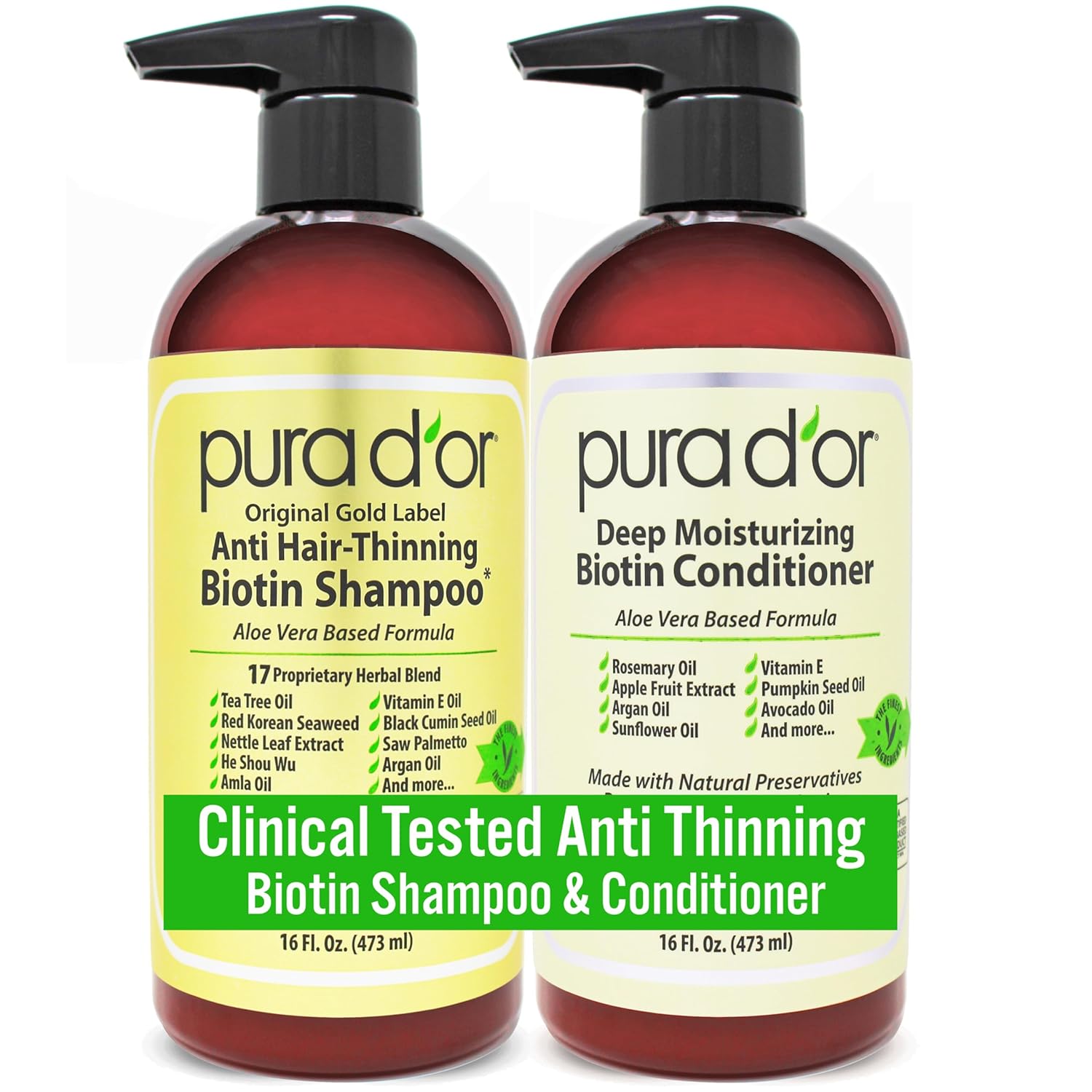 Showcases the product packaging and highlights the key benefits of the anti-thinning biotin shampoo and conditioner made with natural ingredients.