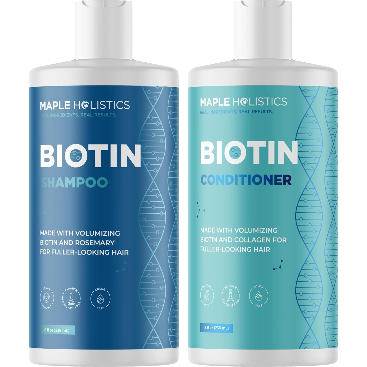 Showcases the product packaging and branding while highlighting the key benefit of volumizing and fuller-looking hair.