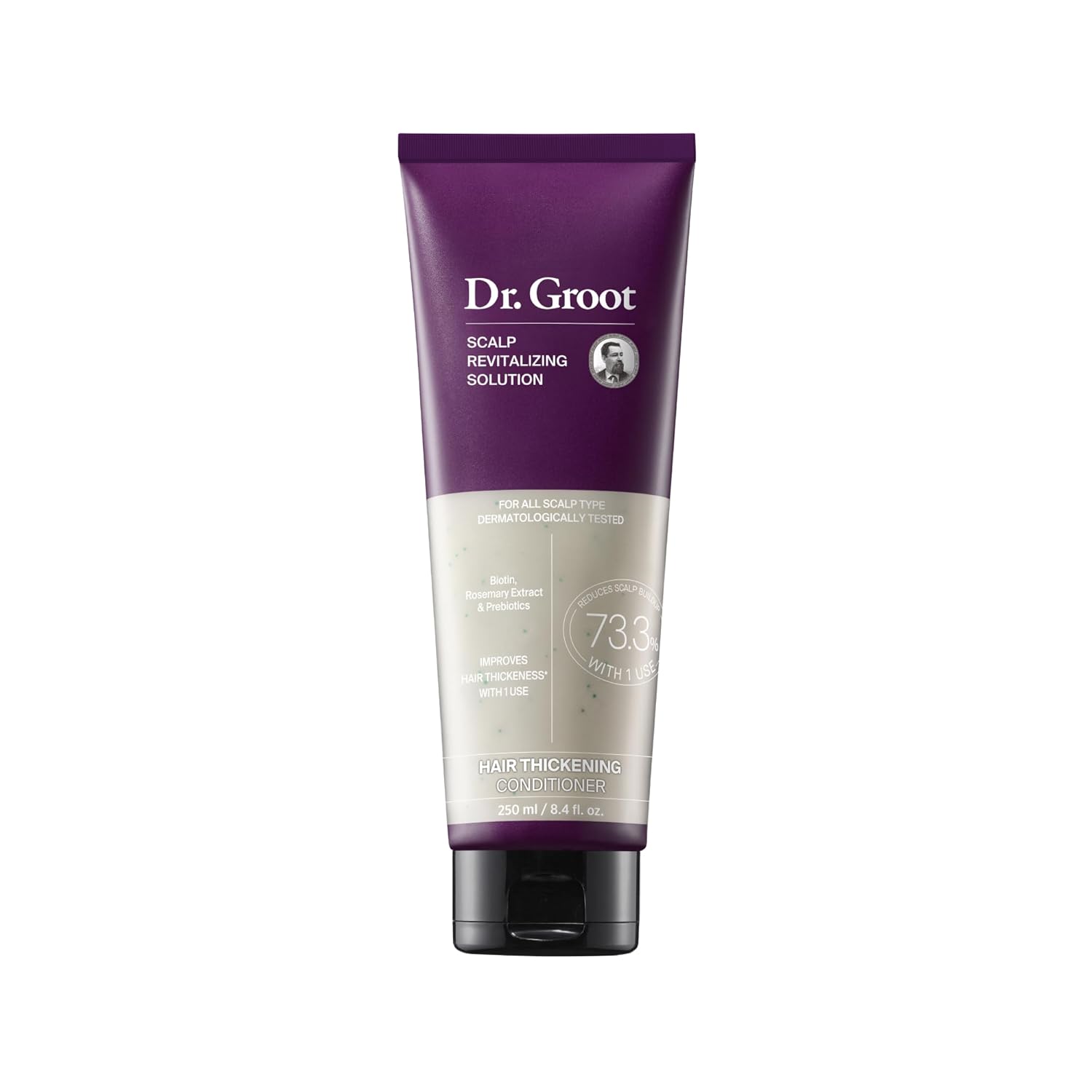 Showcases the product packaging and highlights the key benefit of hair thickening.