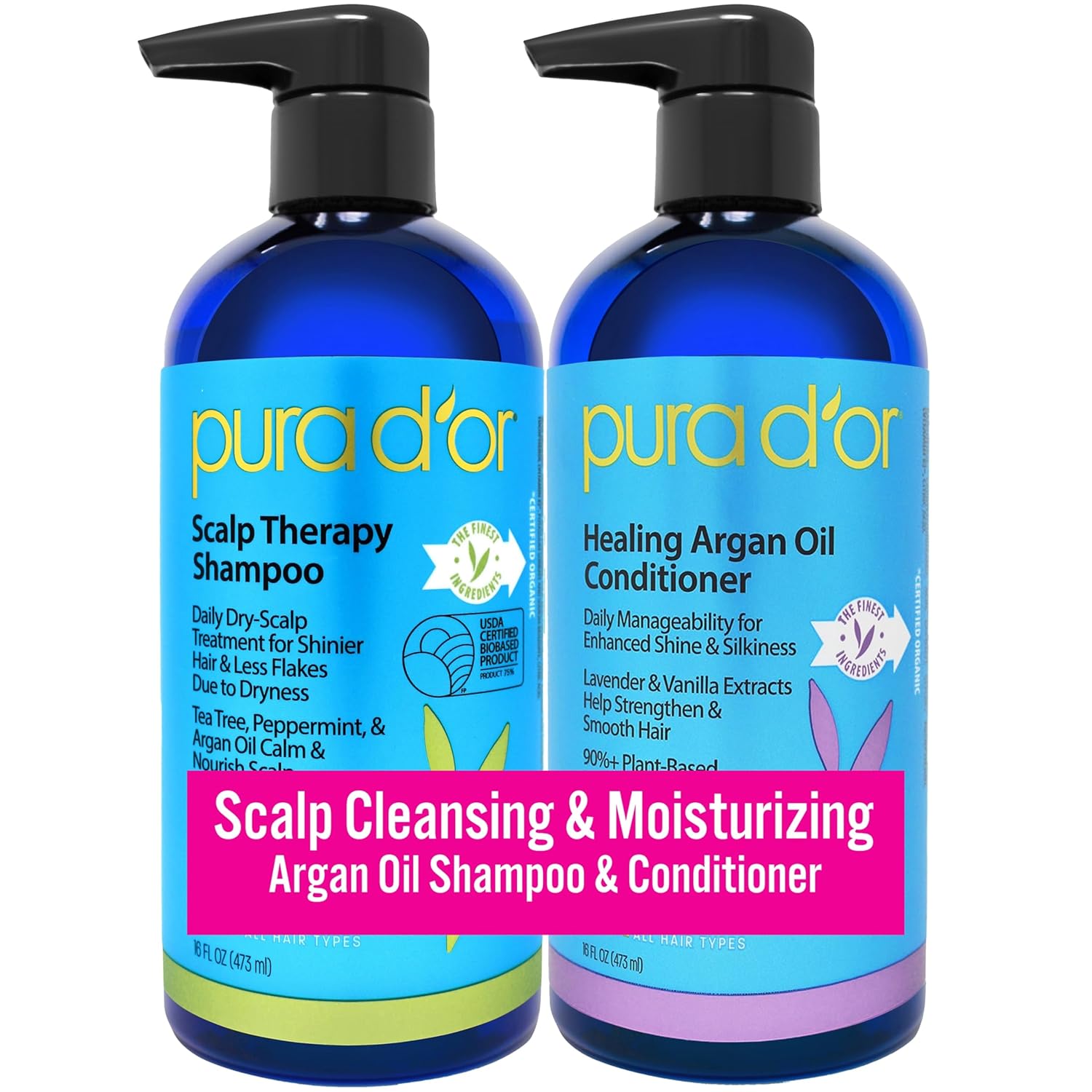 Showcases the shampoo and conditioner products along with their retail packaging to highlight the brand identity and communicate what is included in the purchase.