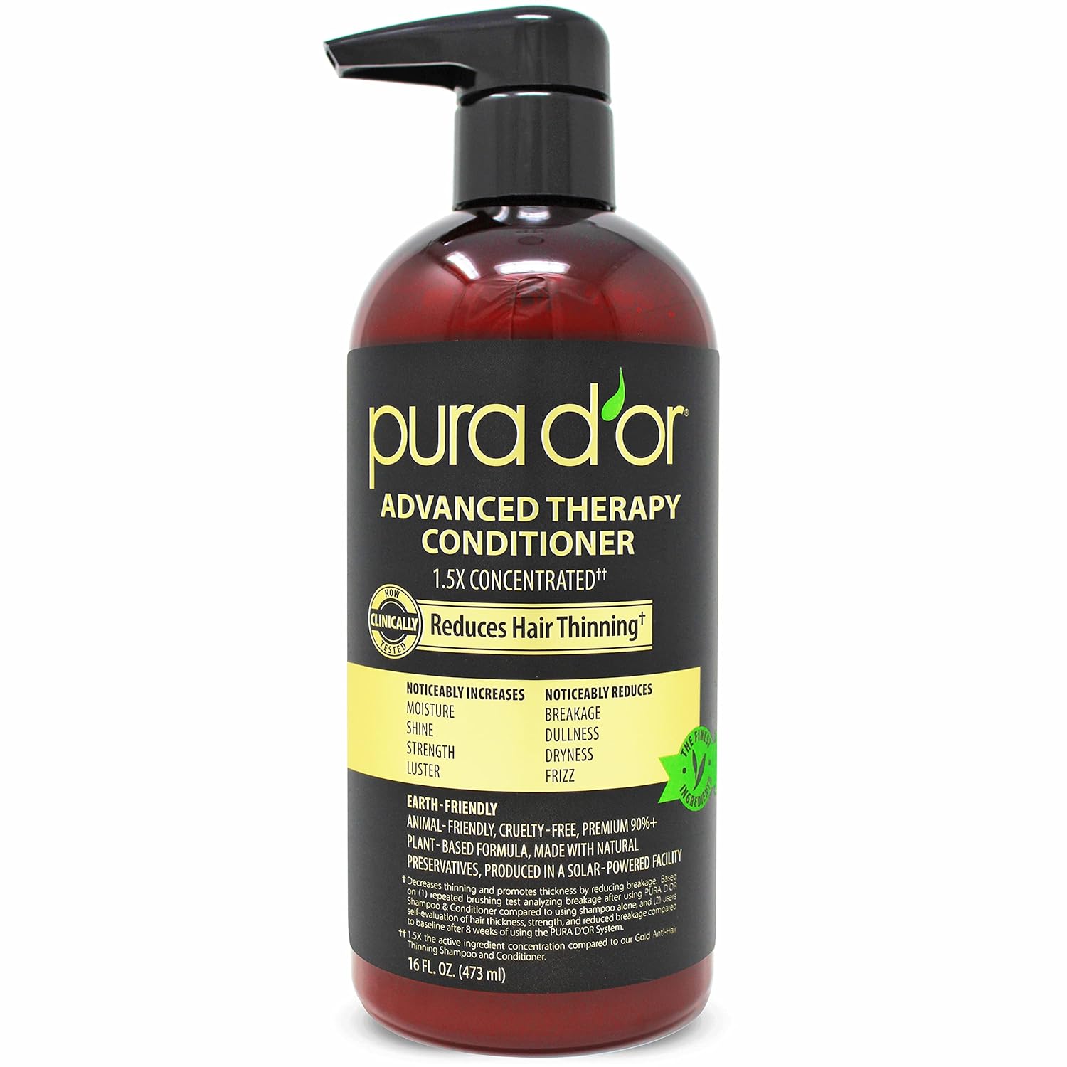 Showcases the product packaging and highlights key benefits like reducing hair thinning and being a concentrated formula.