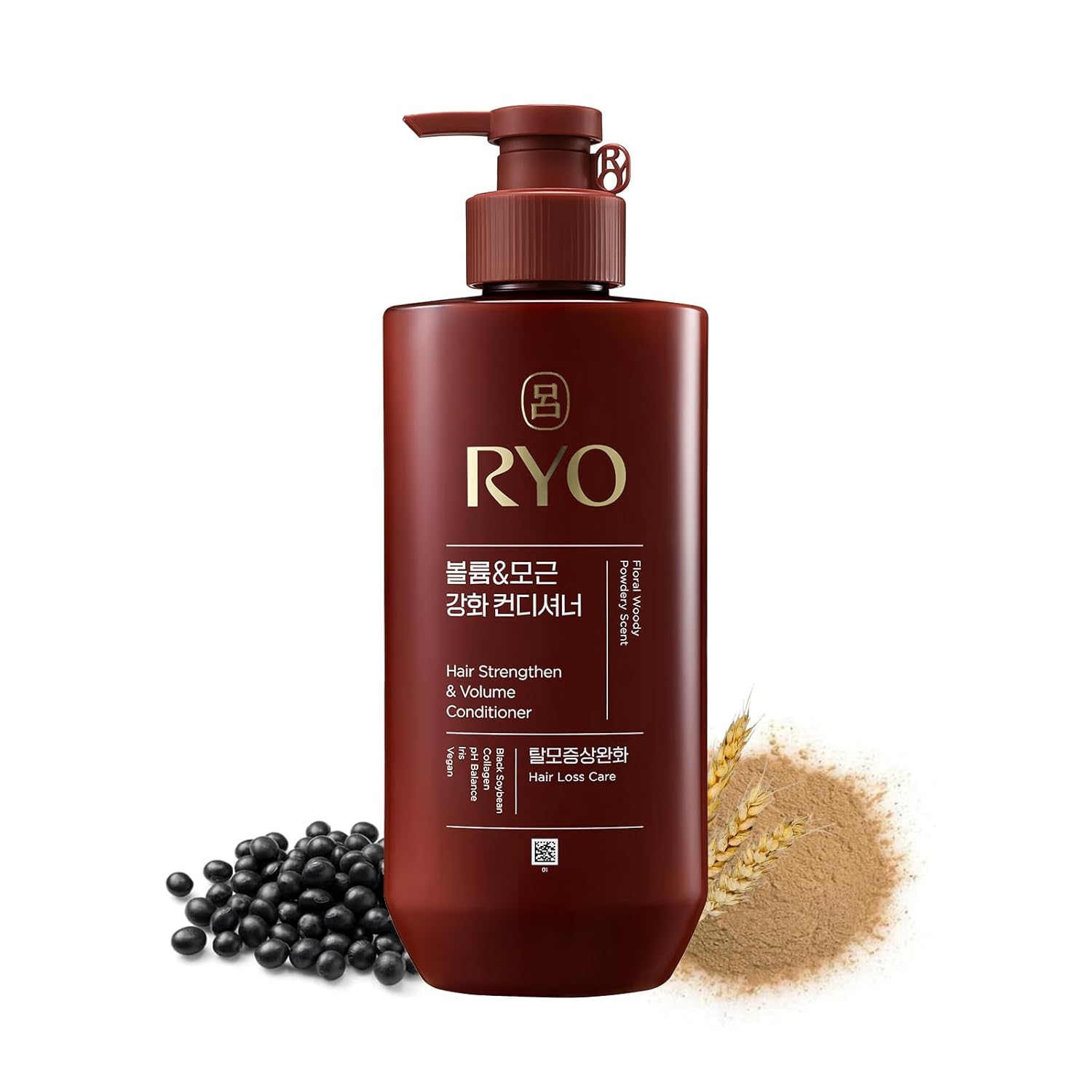 Showcases the product packaging and highlights the key benefits of strengthening and volumizing hair using natural ingredients like black beans and wheat.