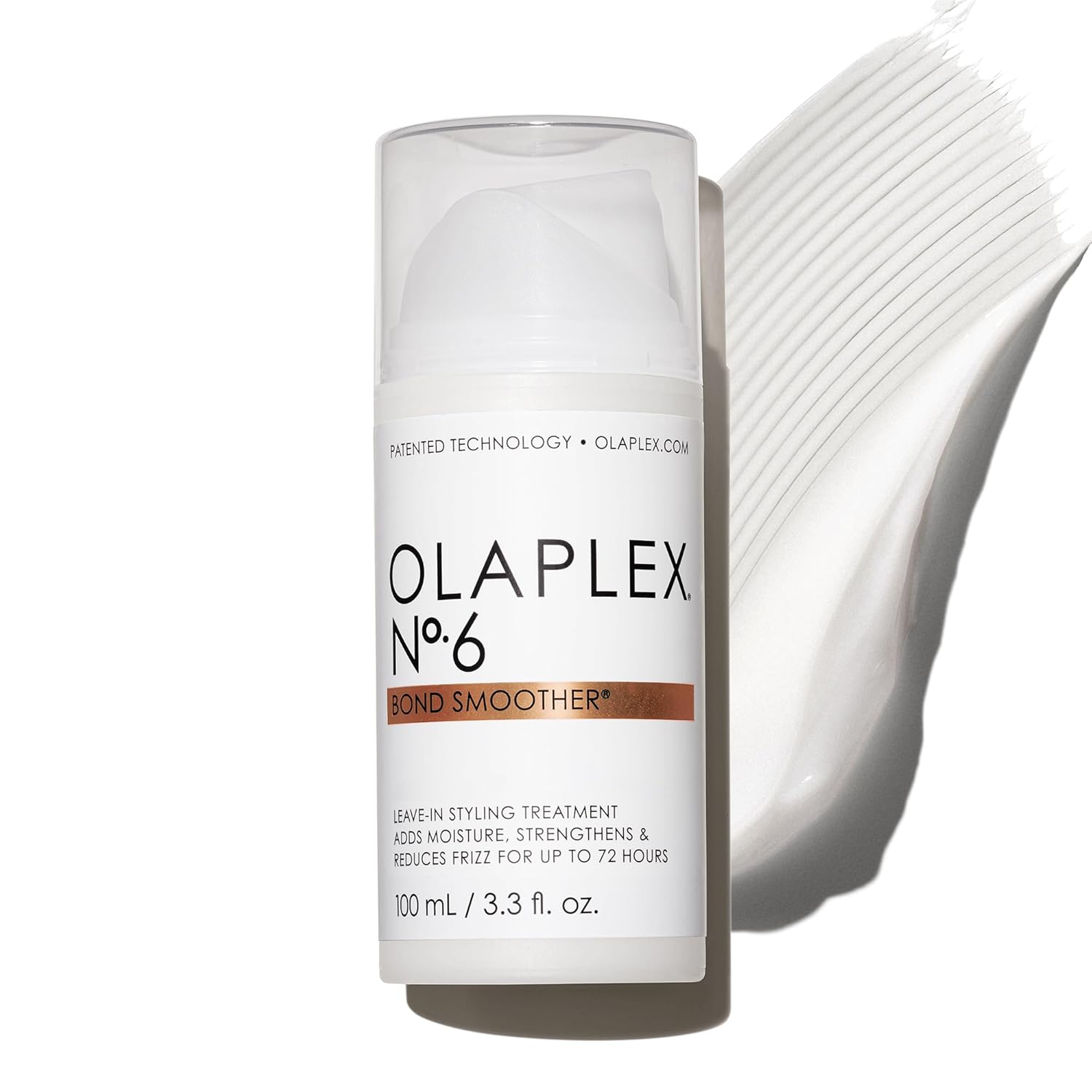 Showcases the product bottle and highlights its key features and benefits as a leave-in hair treatment that adds moisture, strengthens hair, and reduces frizz for up to 72 hours.