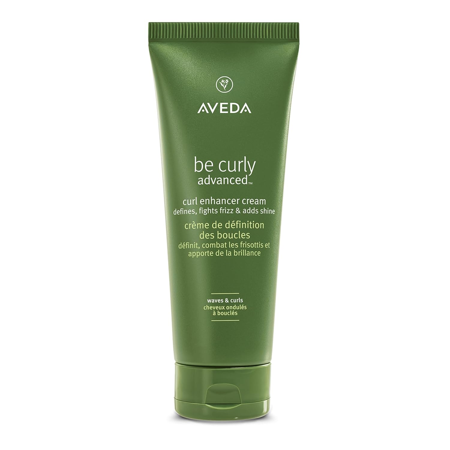 Showcases the product packaging and highlights key benefits like curl definition, frizz control, and added shine.