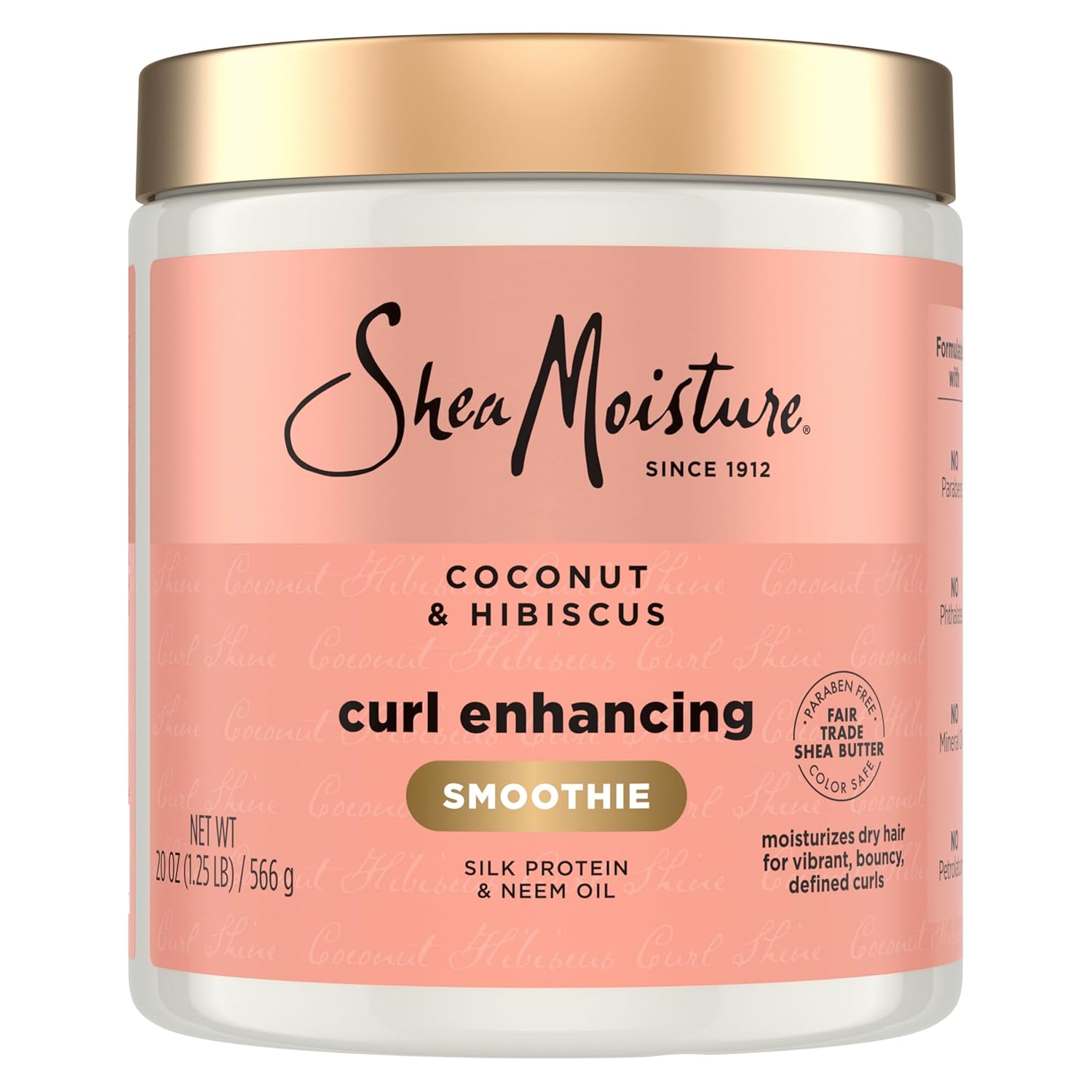 Showcases the product packaging and highlights key benefits like curl enhancement, moisturization, and defined curls for curly hair.