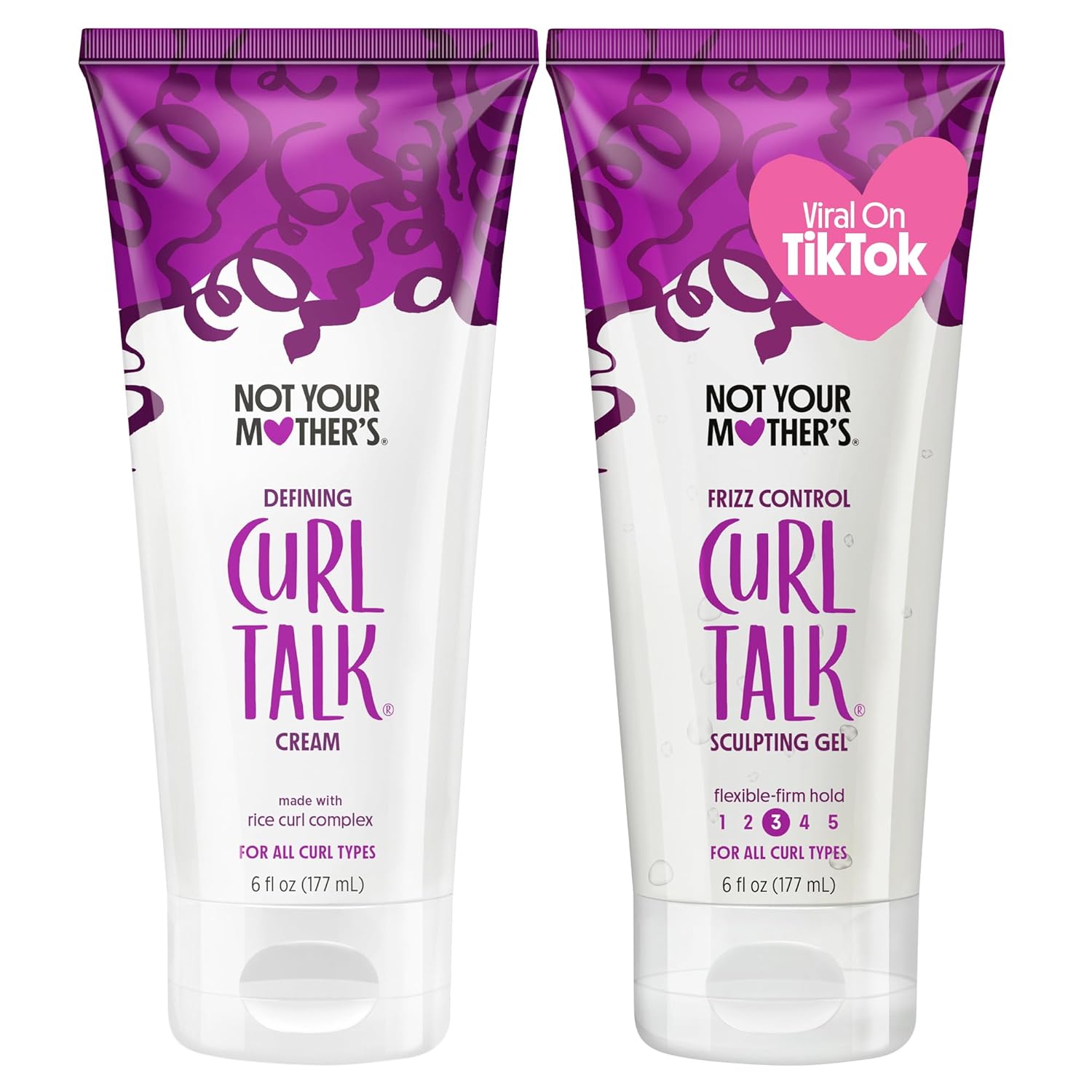 Showcases the product packaging and branding for two curl-enhancing hair products.