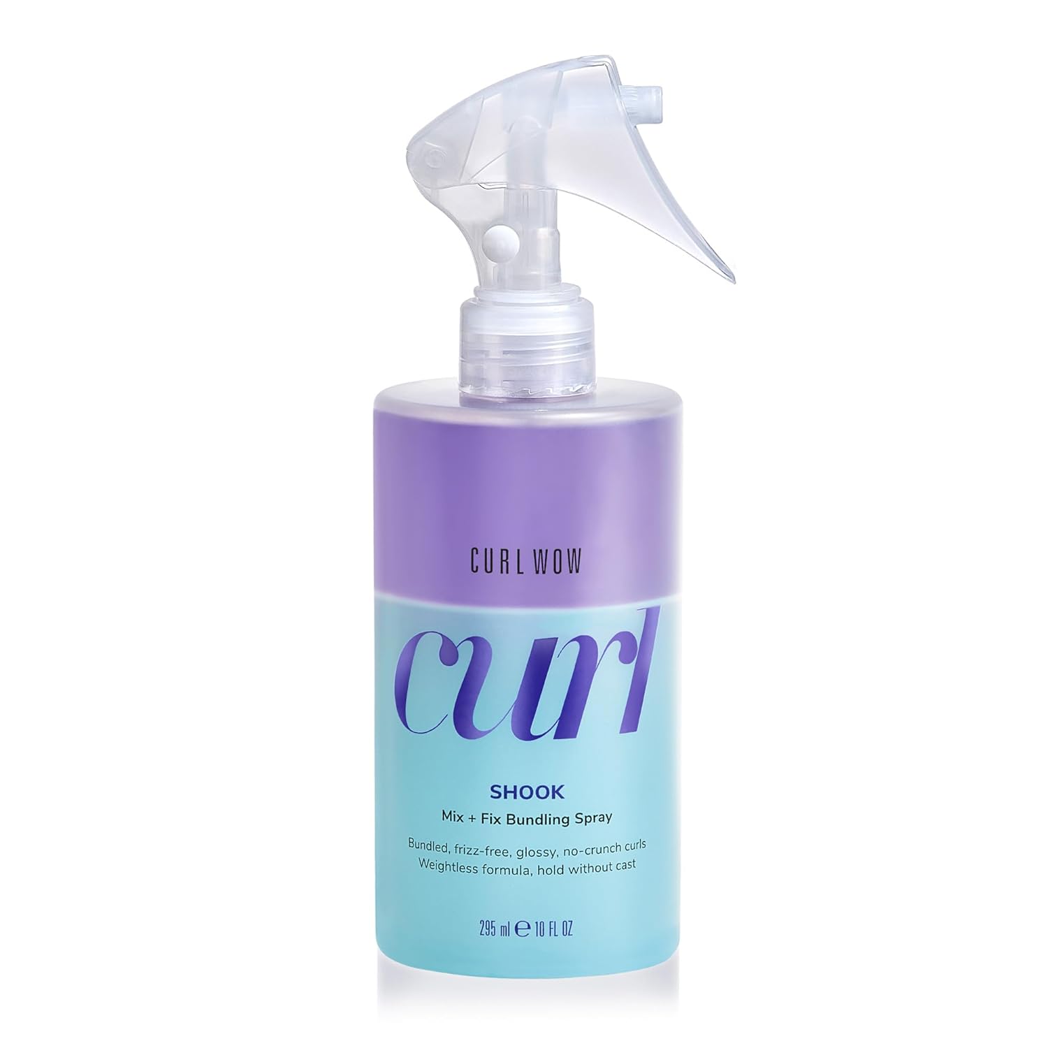 Showcases the product packaging and highlights key features and benefits of the curl bundling spray.