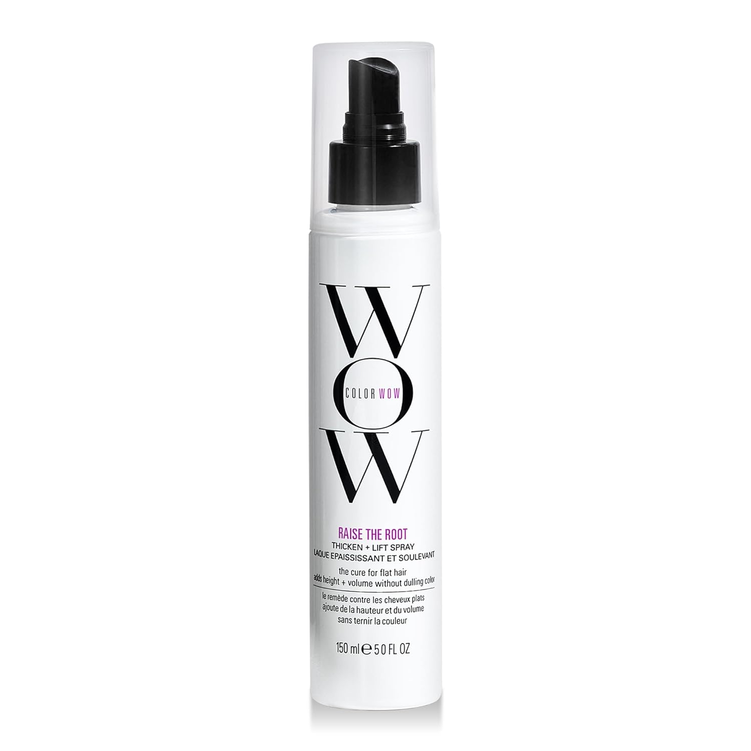 Showcases the product packaging and highlights key features like adding volume, lift, and thickening to hair.