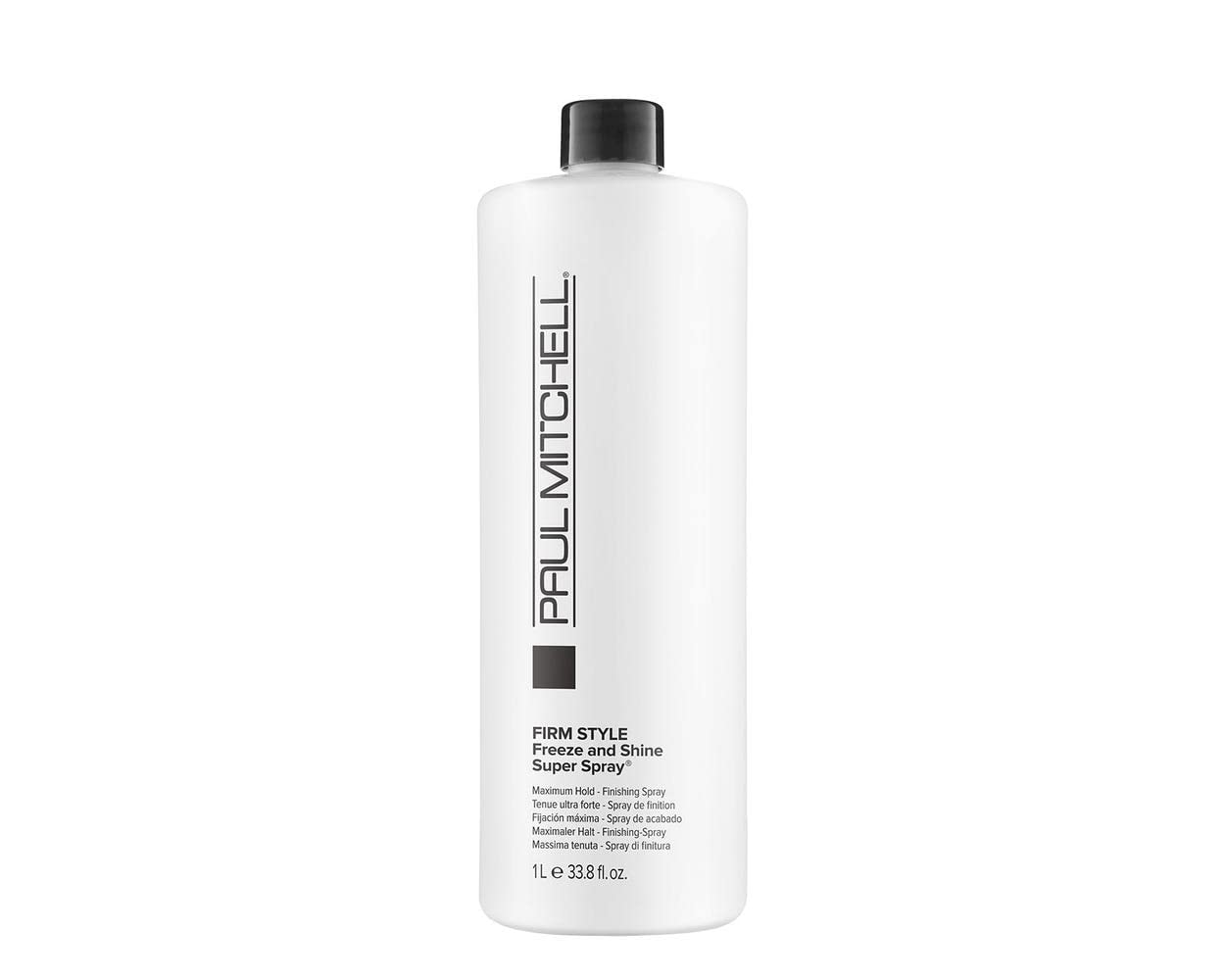 Showcases the product packaging and highlights key features like the firm hold and finishing properties of this hair styling spray.