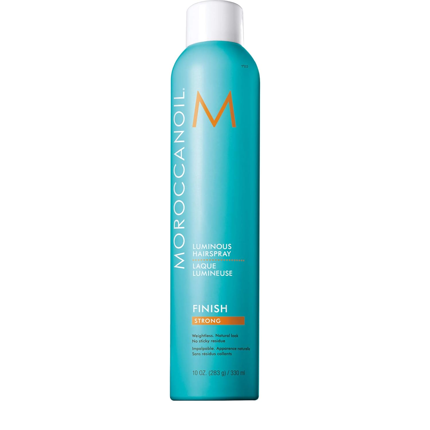Showcases the product packaging and highlights key features like strong hold, weightless formula, and natural look.