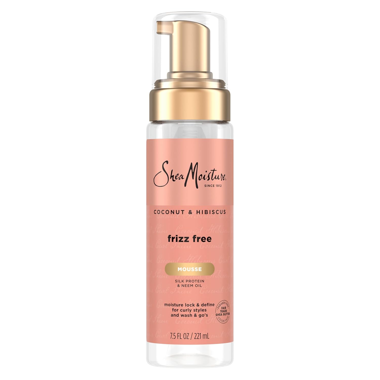 Showcases the product packaging and highlights key features like the coconut and hibiscus scent, frizz-free formula, and curl-defining properties to appeal to customers looking for a moisturizing…