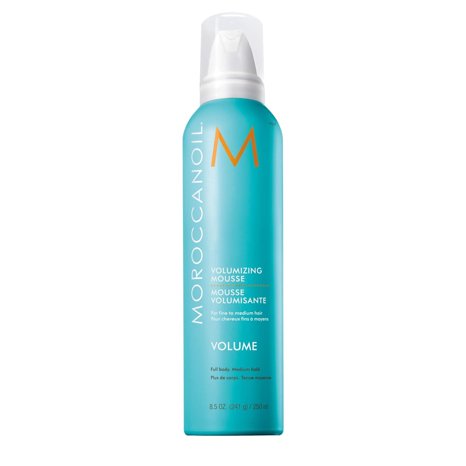 Showcases the product packaging and highlights the volumizing benefit for fine to medium hair.