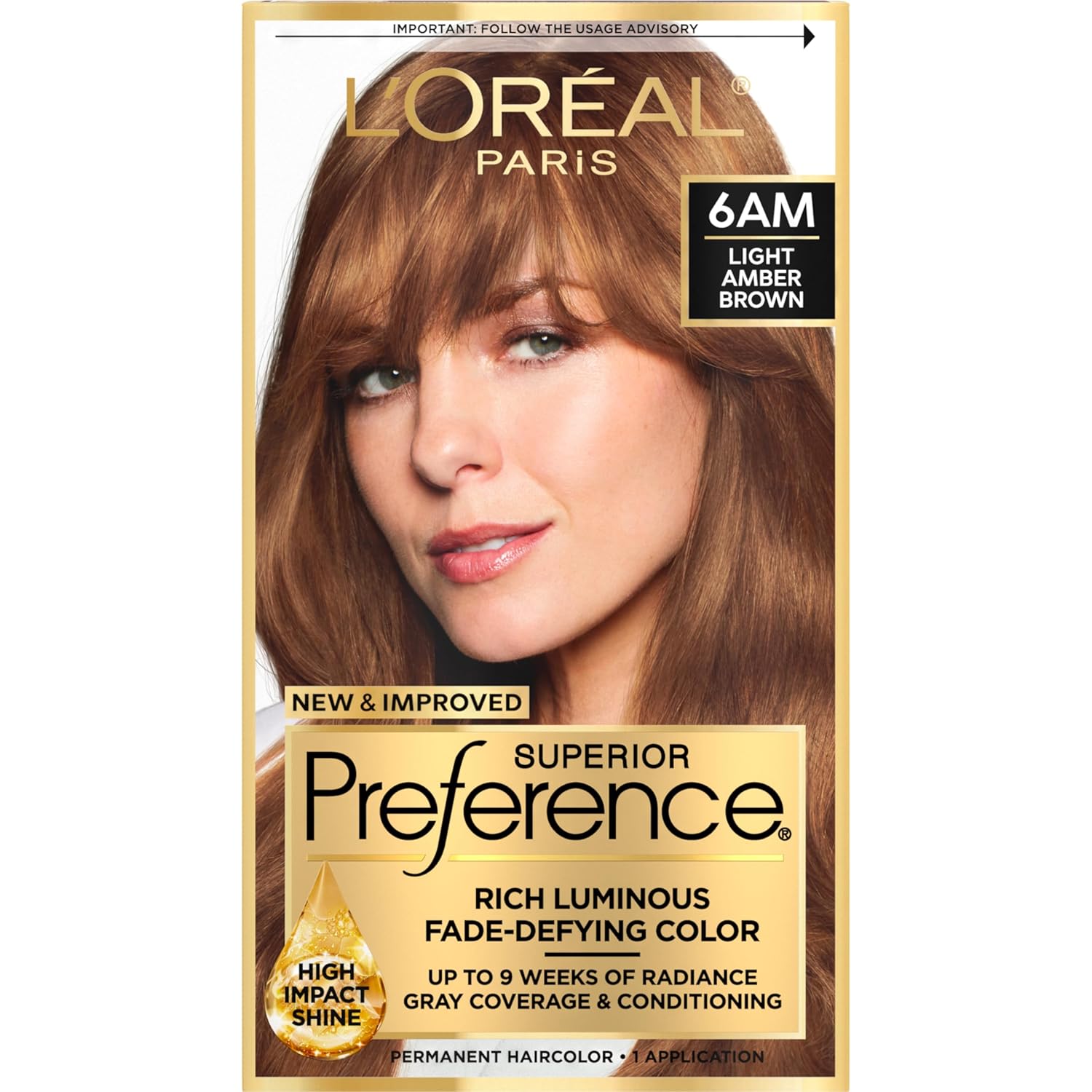 Showcases the product packaging and highlights key features like long-lasting color, gray coverage, and conditioning benefits.