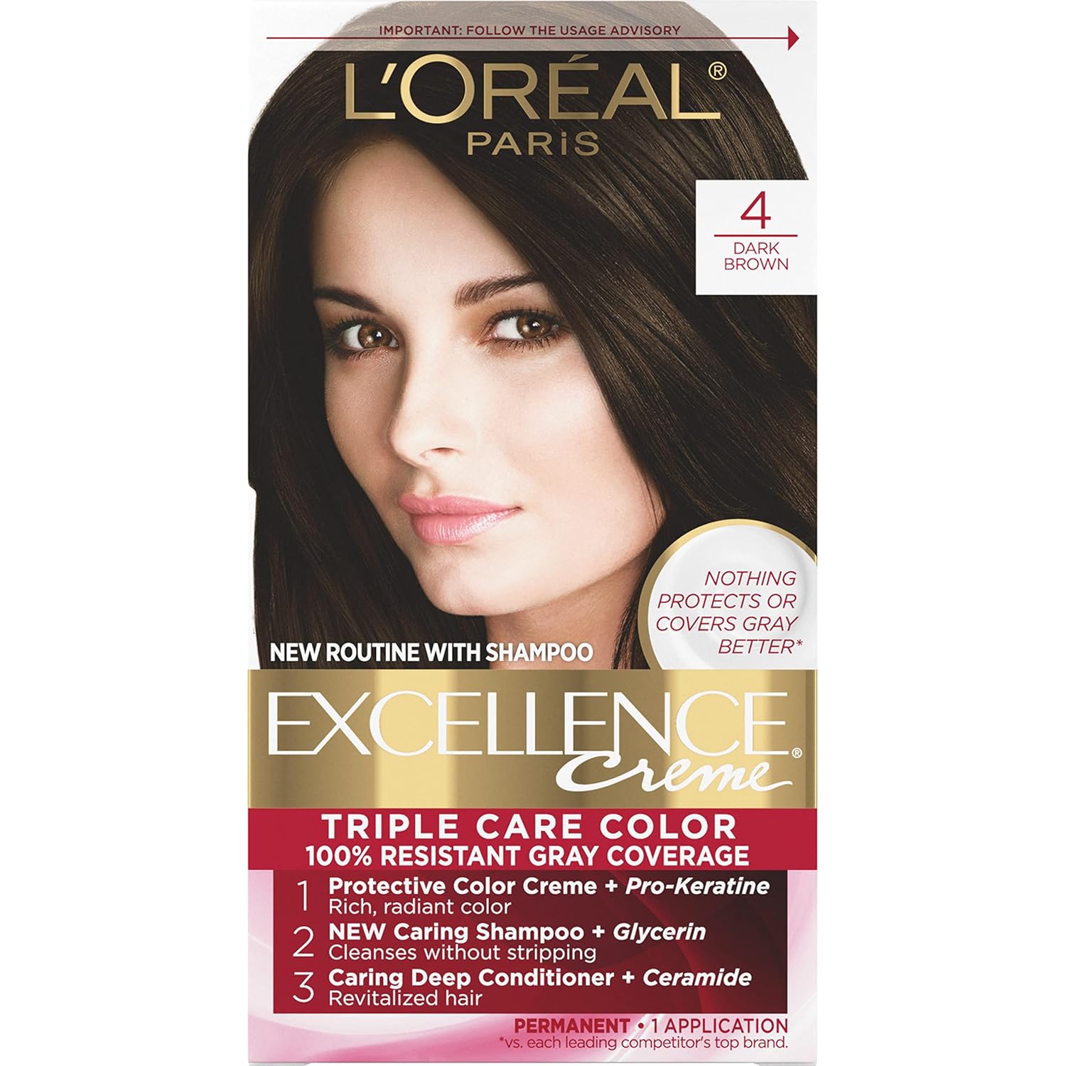 Showcases the product packaging and highlights key features like 100% gray coverage and the triple care formula with shampoo and conditioner.