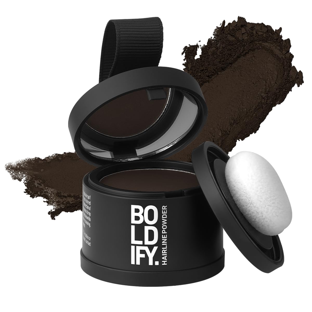 Showcases the hair powder product itself, highlighting its volumizing and texturizing properties through the loose powder spilled around the compact.