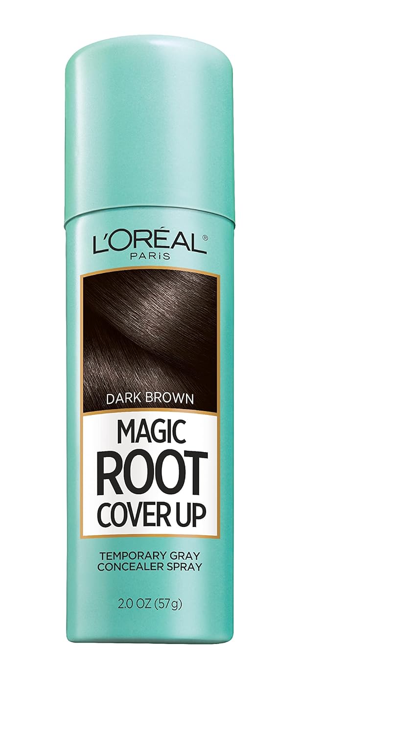 Showcases the product packaging and highlights its key feature as a temporary gray root cover up spray.