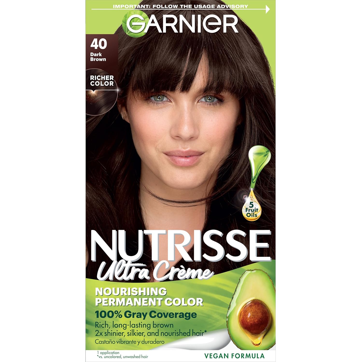 Showcases the product packaging and highlights key benefits like nourishing formula, complete gray coverage, and rich long-lasting color.