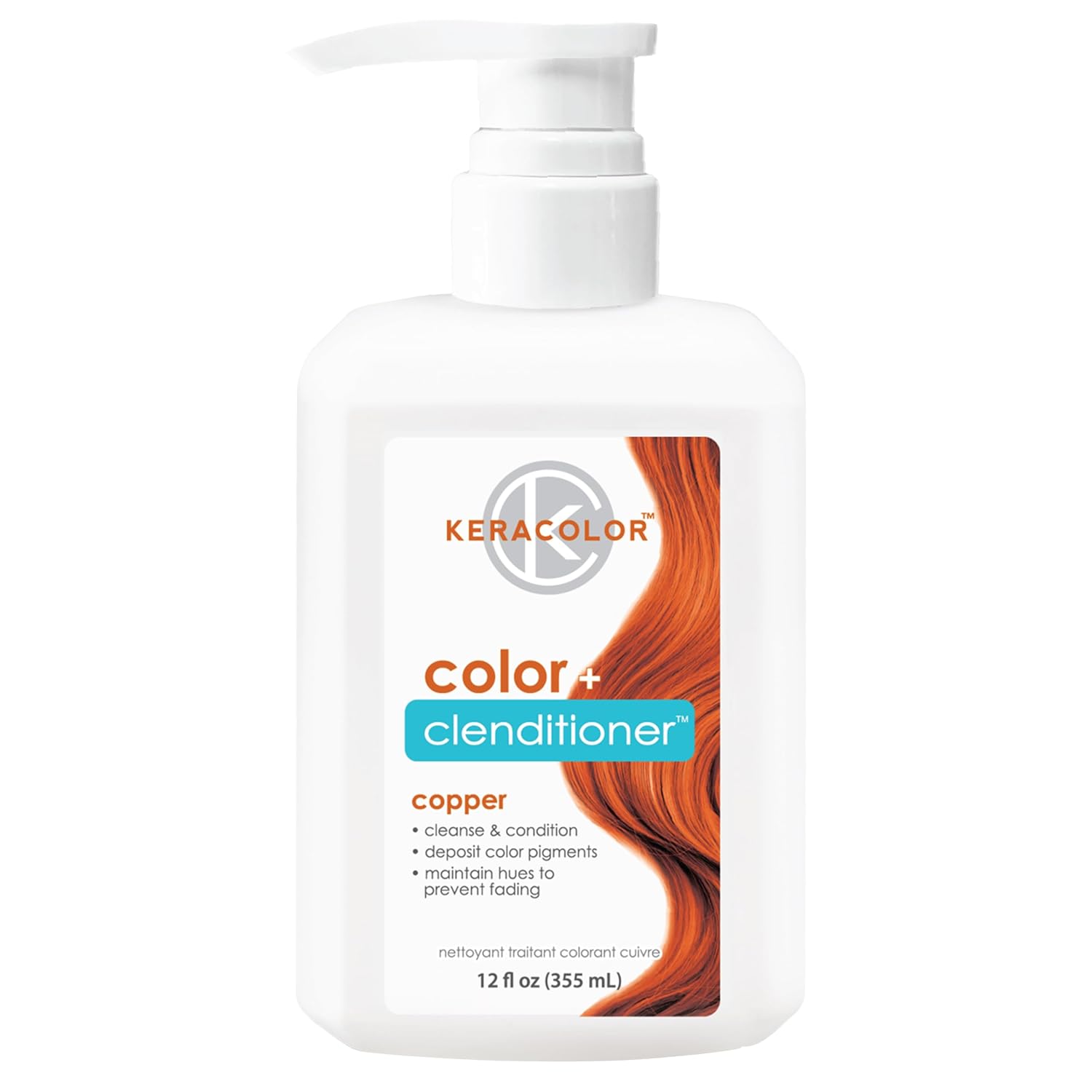 Showcases the product packaging and highlights its key features of depositing color pigments and conditioning hair.