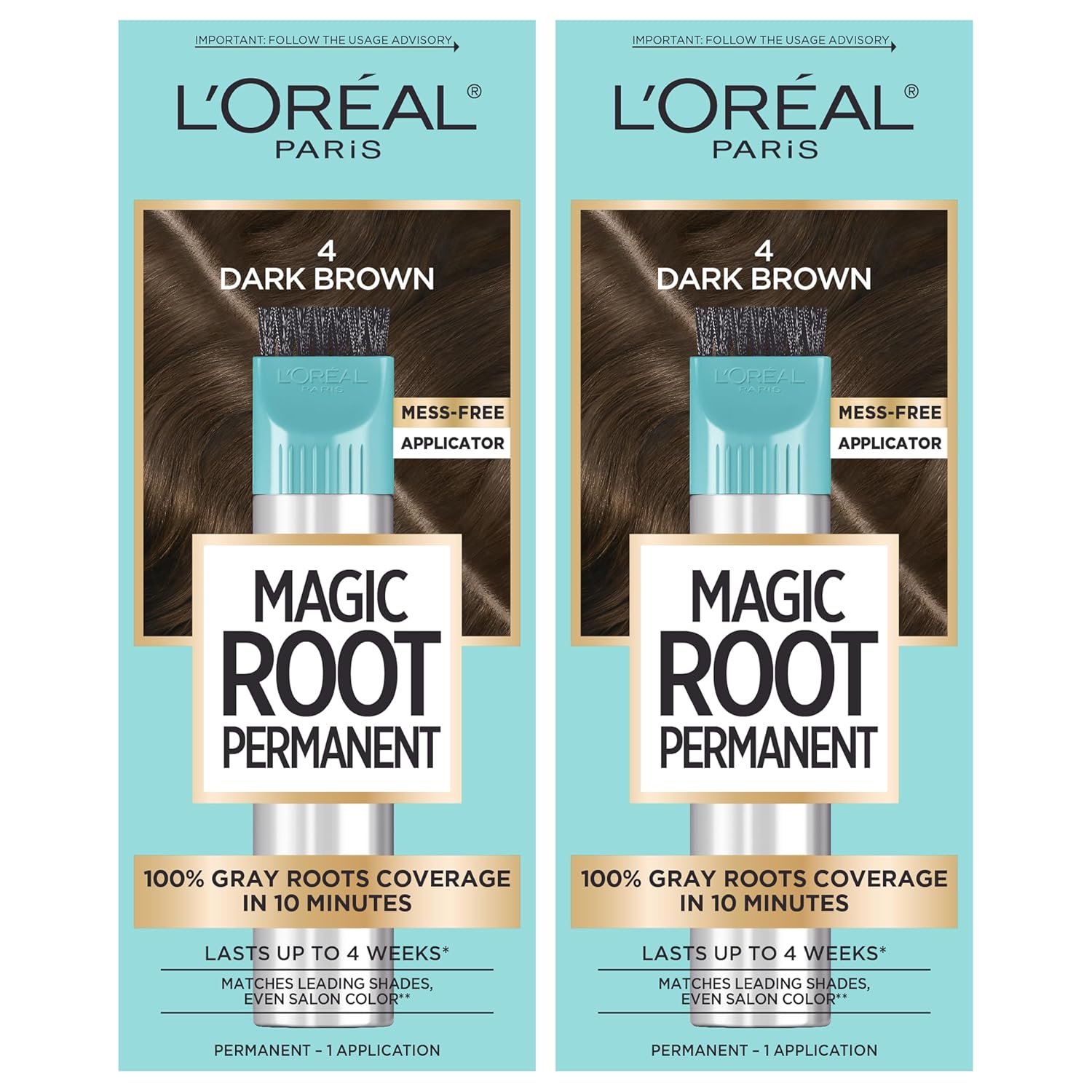 Showcases the product packaging and highlights key features like the mess-free applicator, complete gray coverage, long-lasting results, and salon-quality color matching.