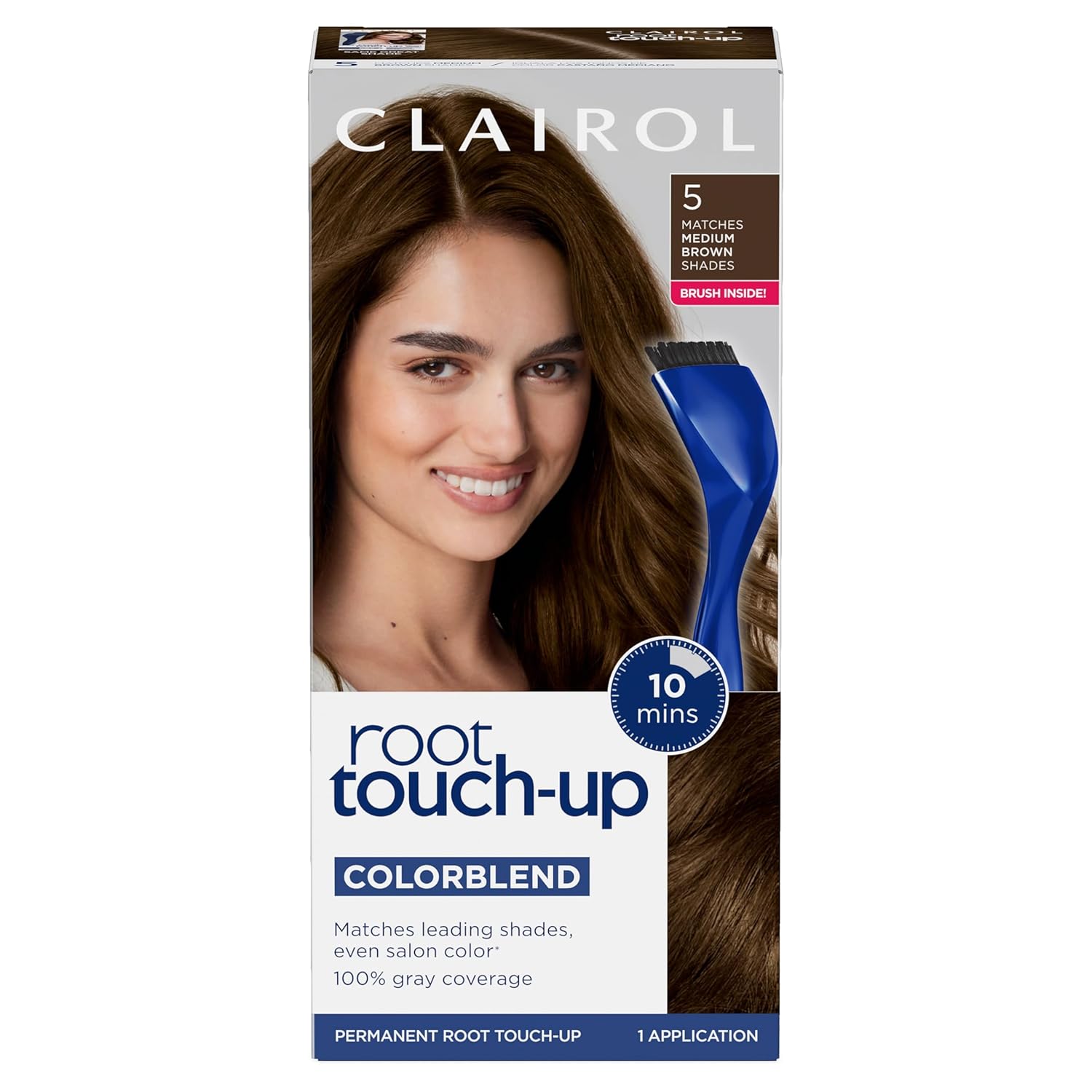 Showcases the product packaging and highlights the included brush applicator and quick 10-minute application time.