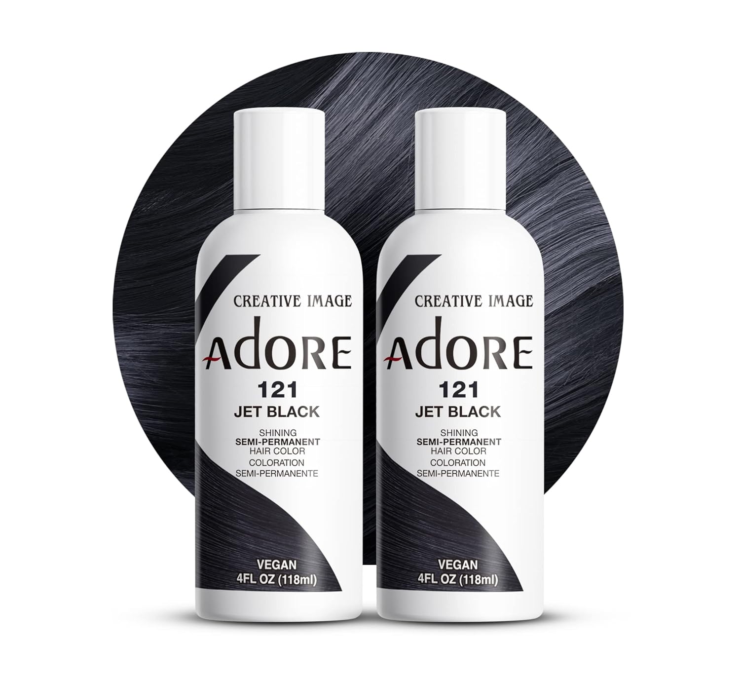 Showcases the product packaging and highlights key features like the jet black color, semi-permanent formula, and vegan ingredients.