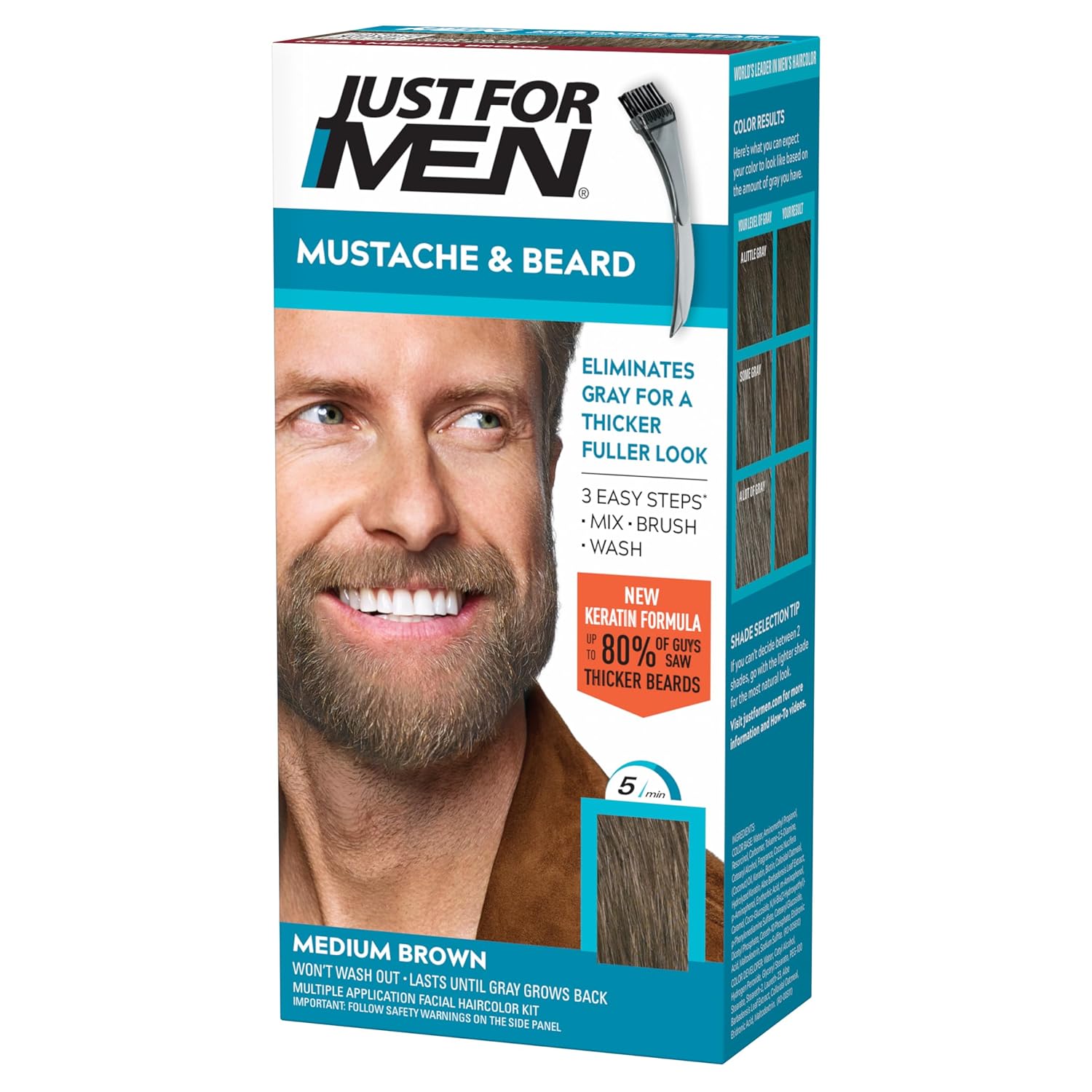 Showcases the product packaging and highlights key features like eliminating gray hair, thickening effect, and easy 3-step application process to appeal to men looking to improve their facial hair…