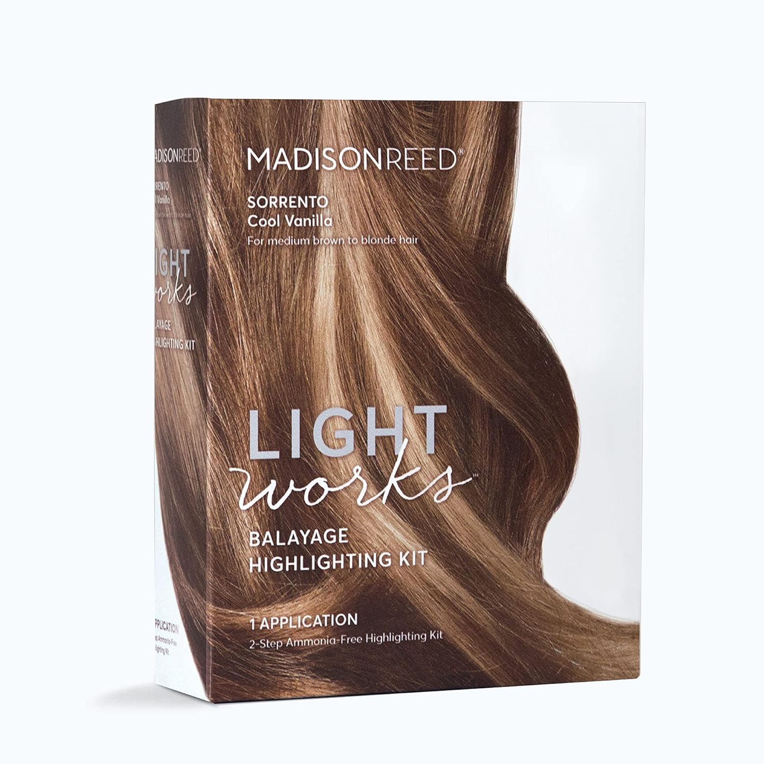 Showcases the product packaging and highlights key details like the hair color shade and highlighting kit contents.