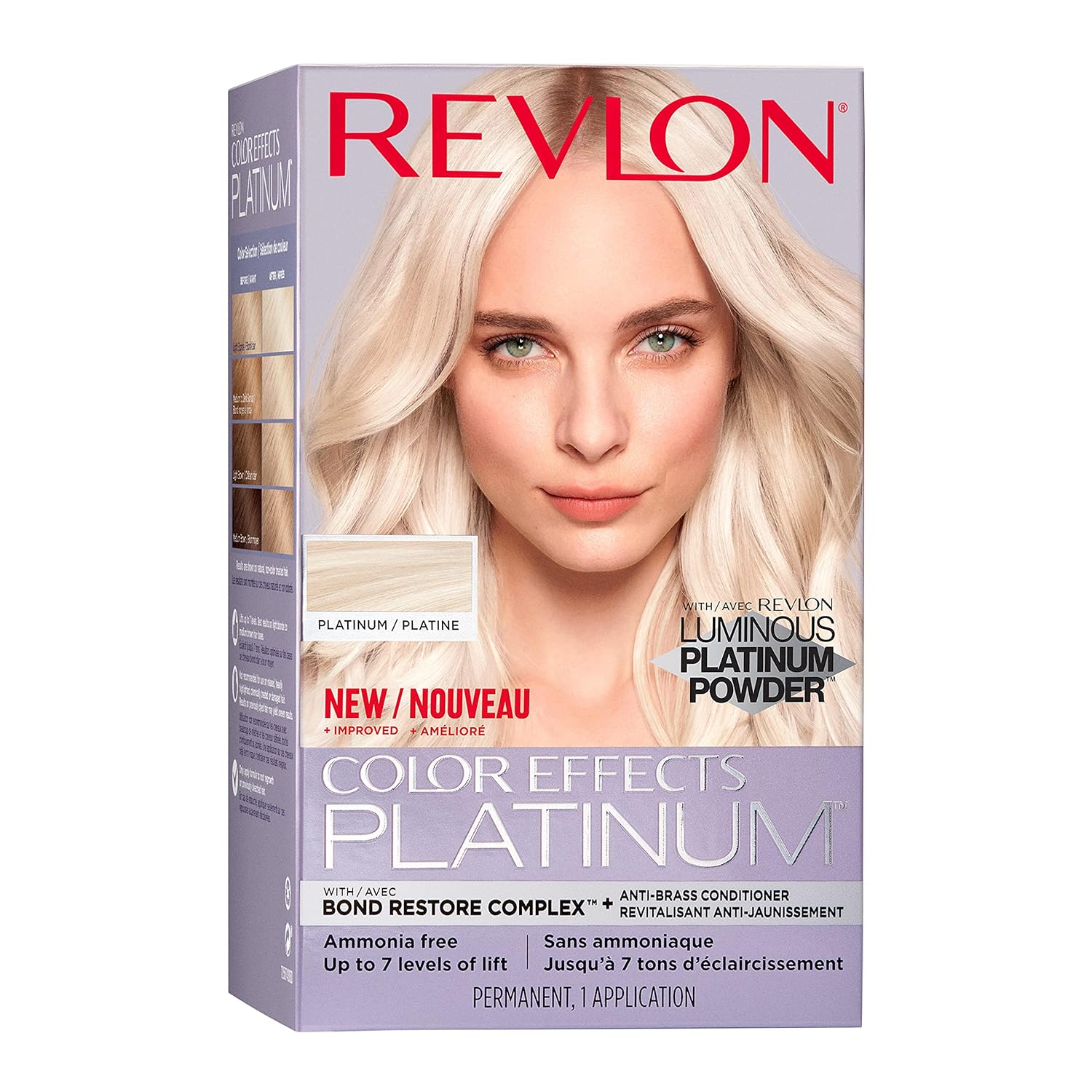 Showcases the product packaging and highlights the new Luminous Platinum Powder formula for achieving platinum blonde hair color.