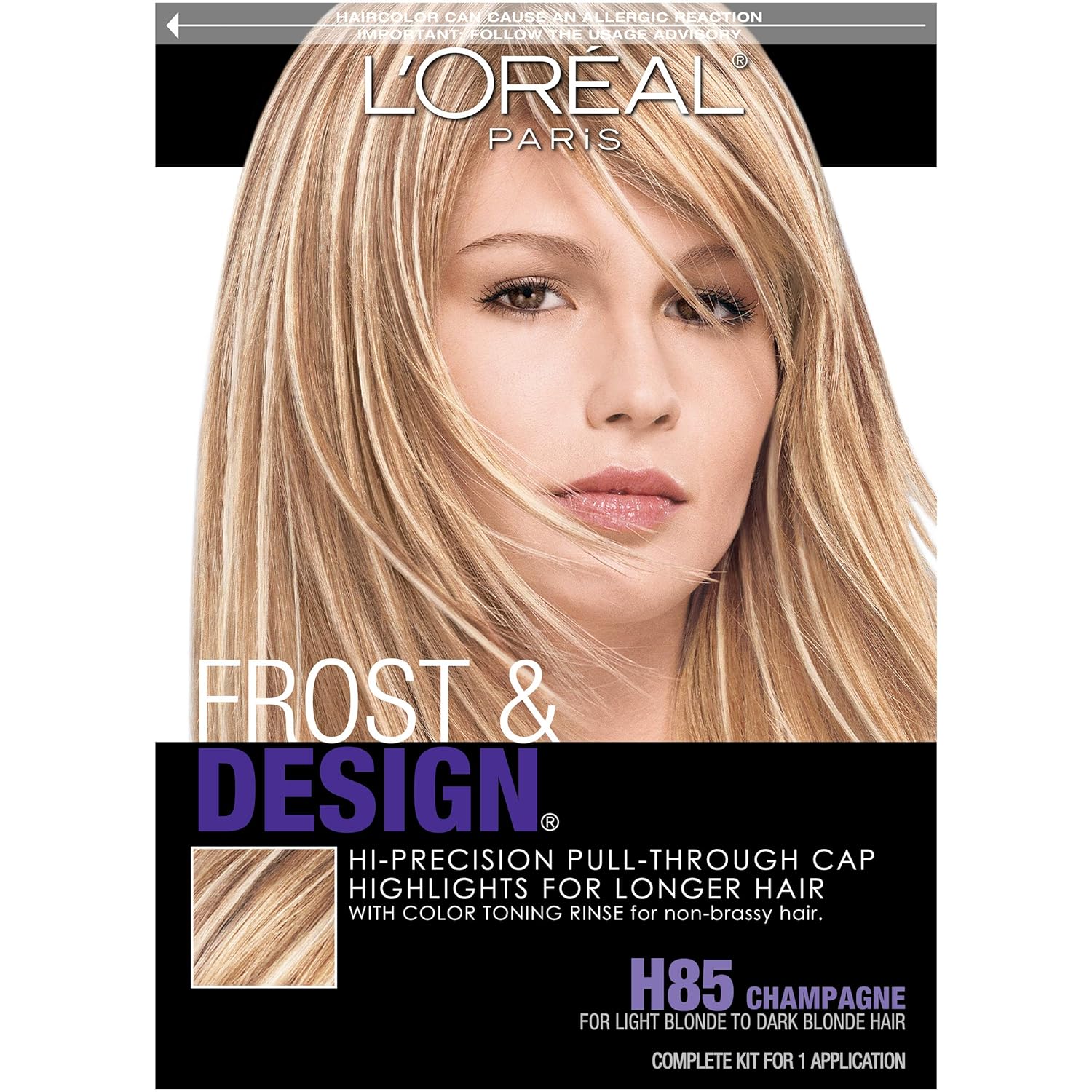 Showcases the product packaging and highlights that it includes everything needed for a complete hair color application.