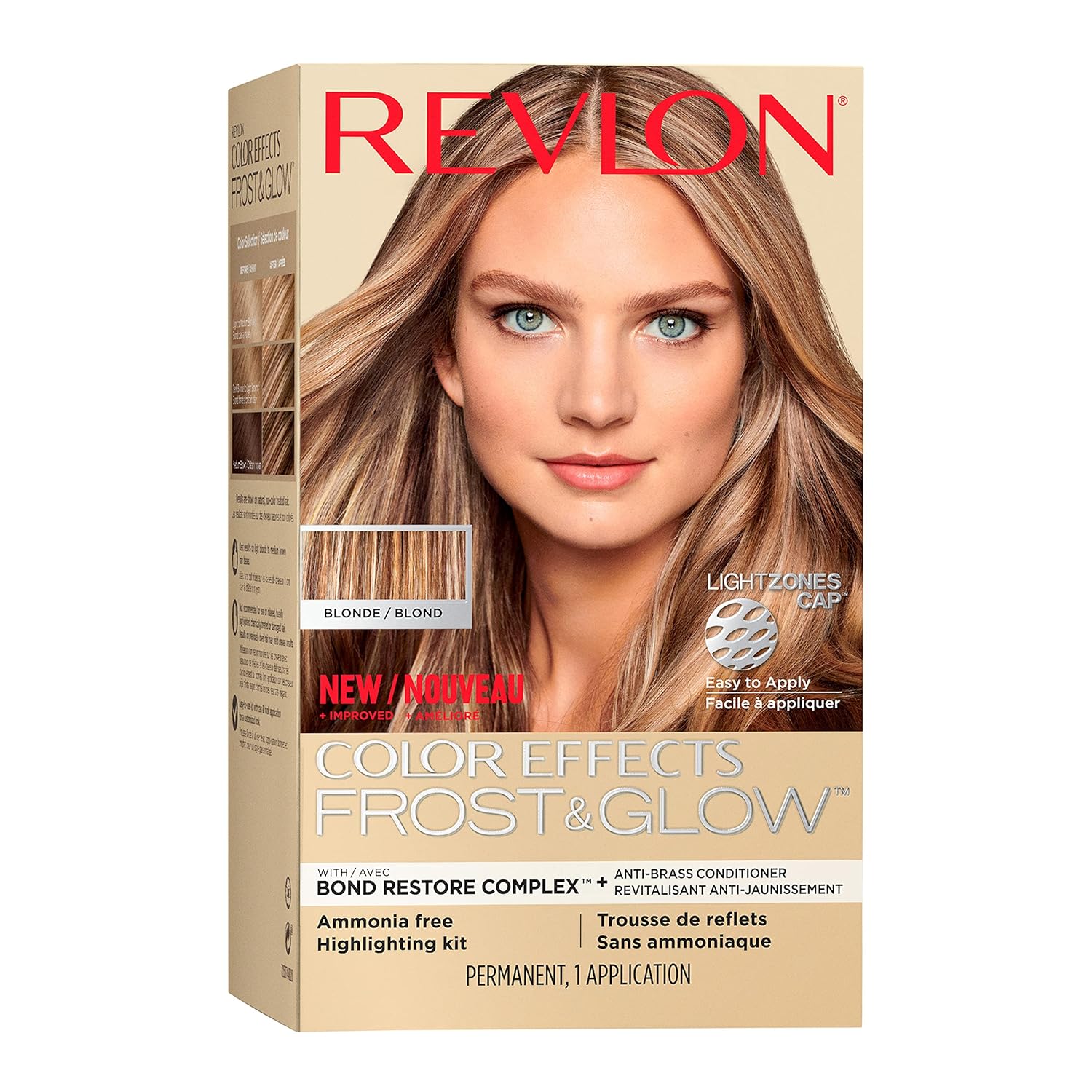 Showcases the product packaging and highlights key features like being ammonia-free, easy application, and the frost & glow effect.