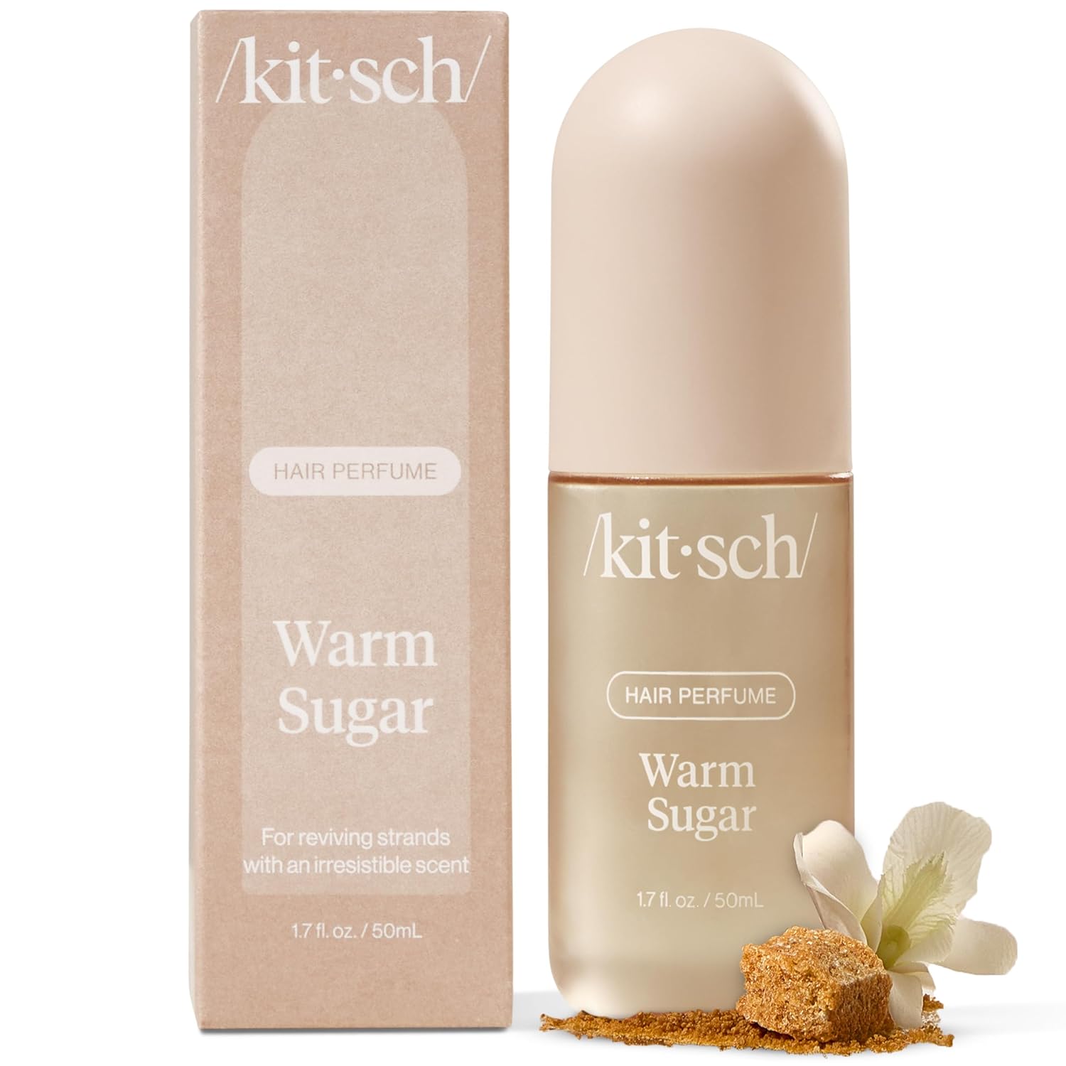 Showcases the product's branded retail packaging along with the actual product bottle, highlighting the warm sugar scent.