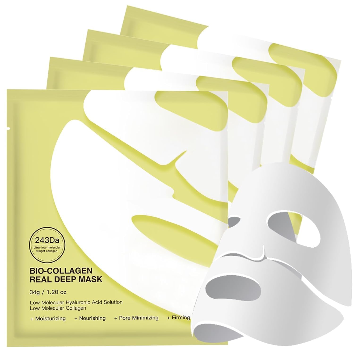 Showcases the product packaging and highlights the key benefits of the collagen face mask, such as deep hydration and nourishment for the skin.