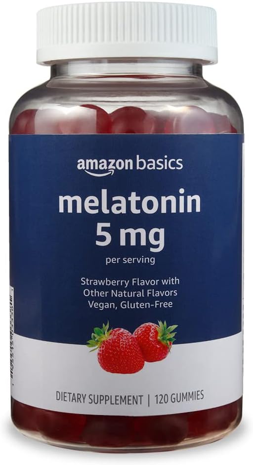 Showcases the product packaging and highlights key details like the melatonin dosage, flavor, and vegan/gluten-free attributes.