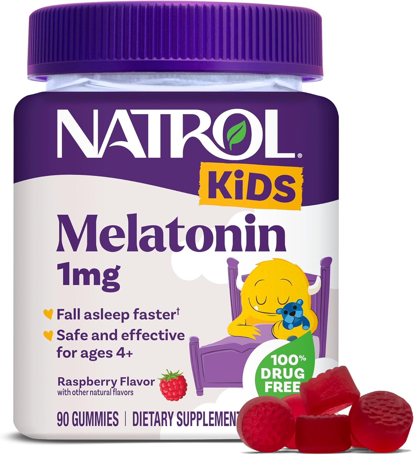 Showcases the product packaging and branding for a melatonin sleep aid gummy supplement marketed towards children.