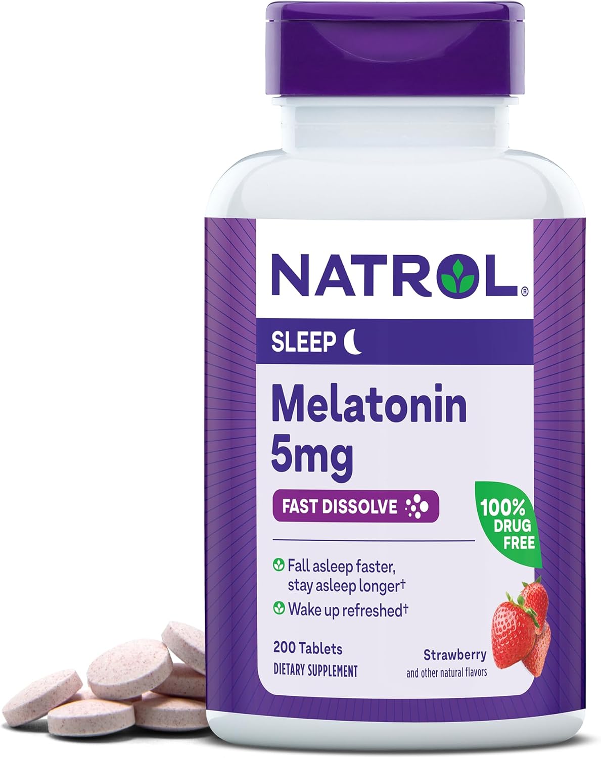 Showcases the product packaging and highlights the fast-dissolving formula and drug-free nature of the melatonin supplement.