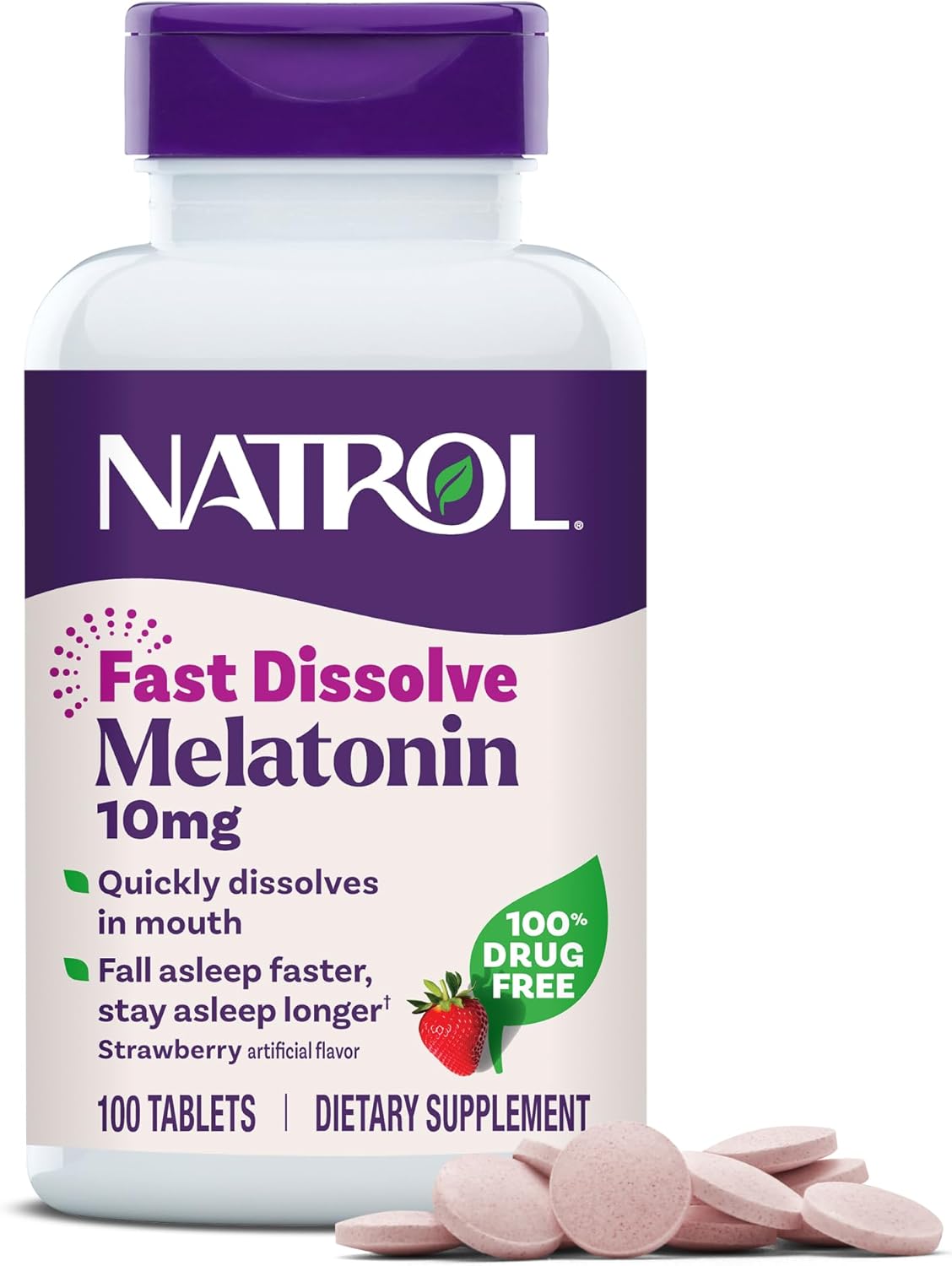 Highlights the fast-dissolving melatonin tablets that help users fall asleep faster and stay asleep longer, while showcasing the product packaging.