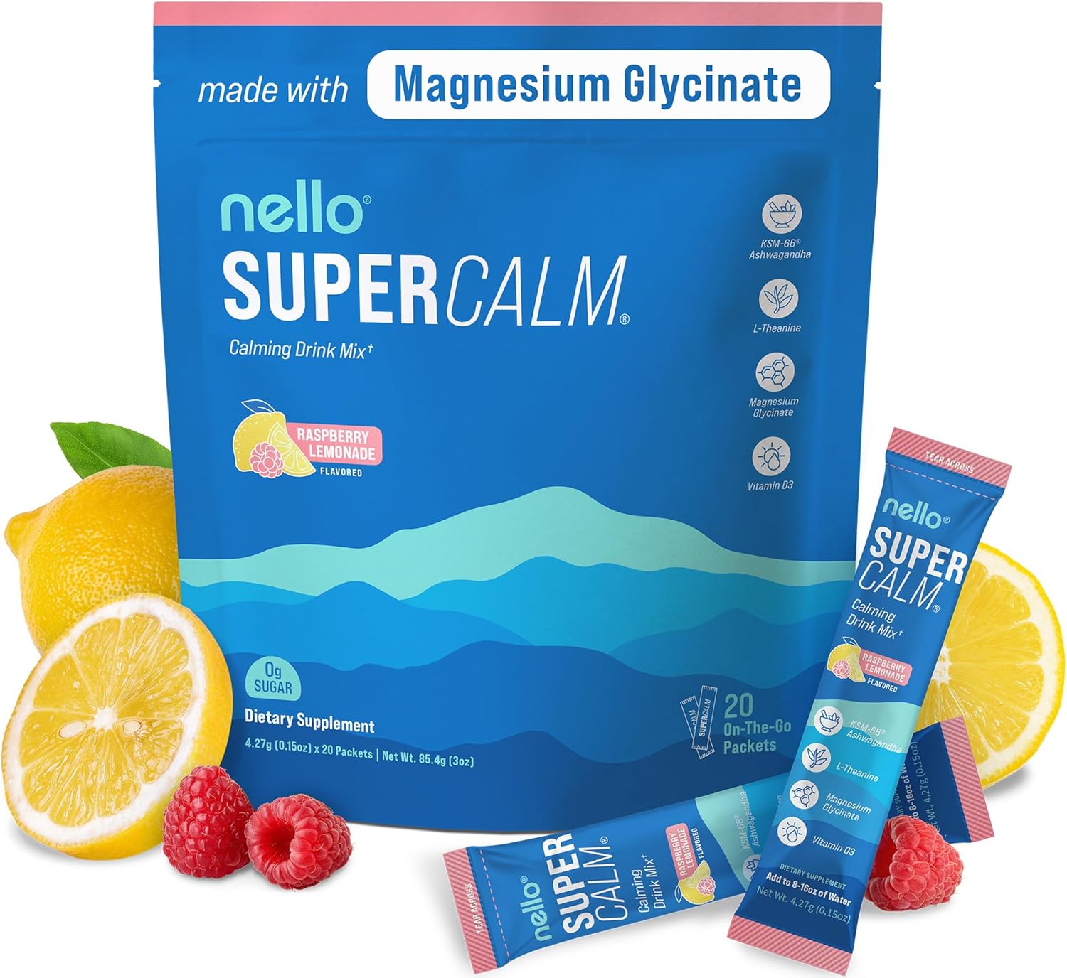 Showcases the product's key ingredients and flavor, along with the included on-the-go packets.