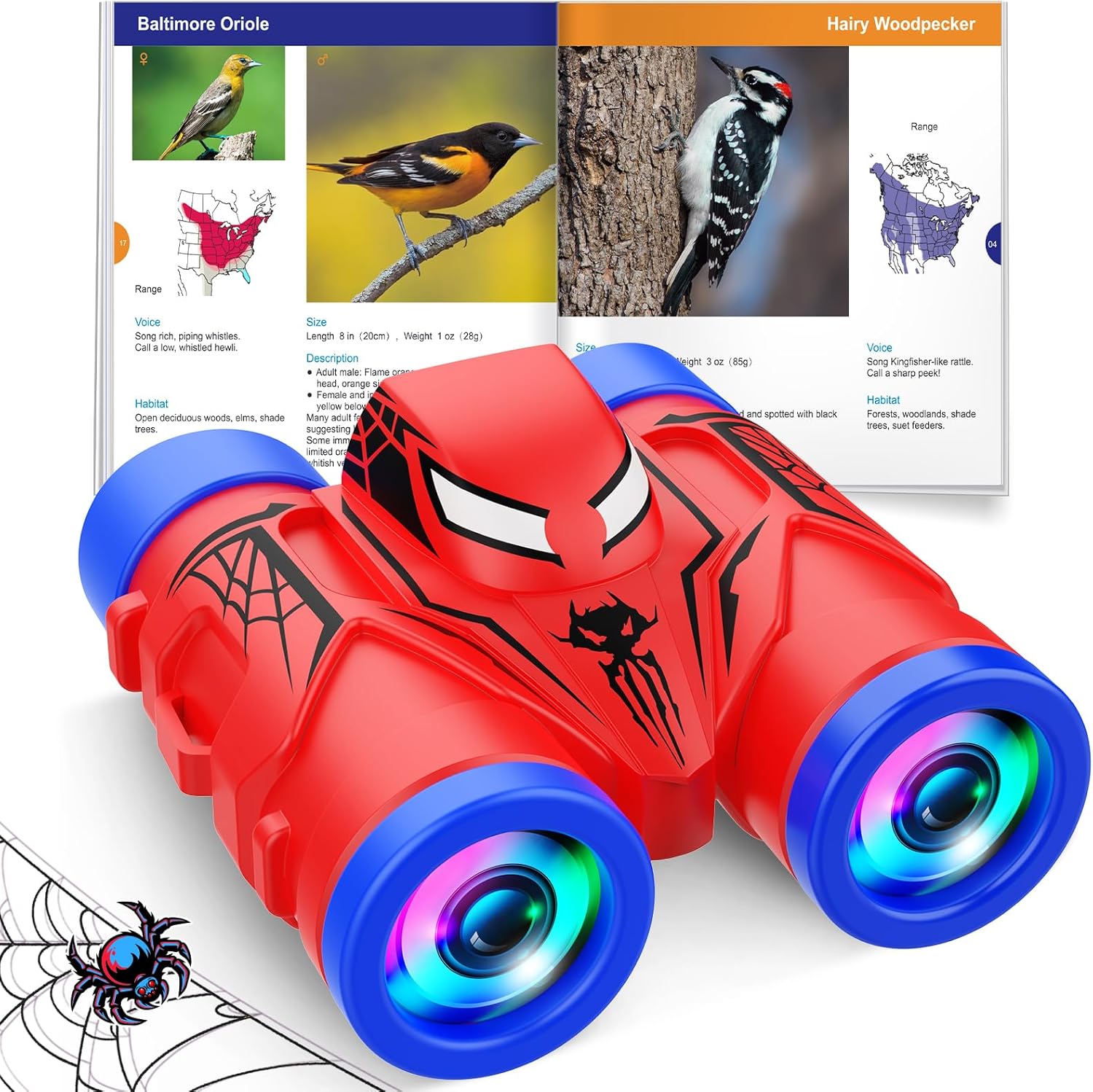 Showcases the product's fun and eye-catching Spiderman-inspired design with light-up wheels to appeal to children.
