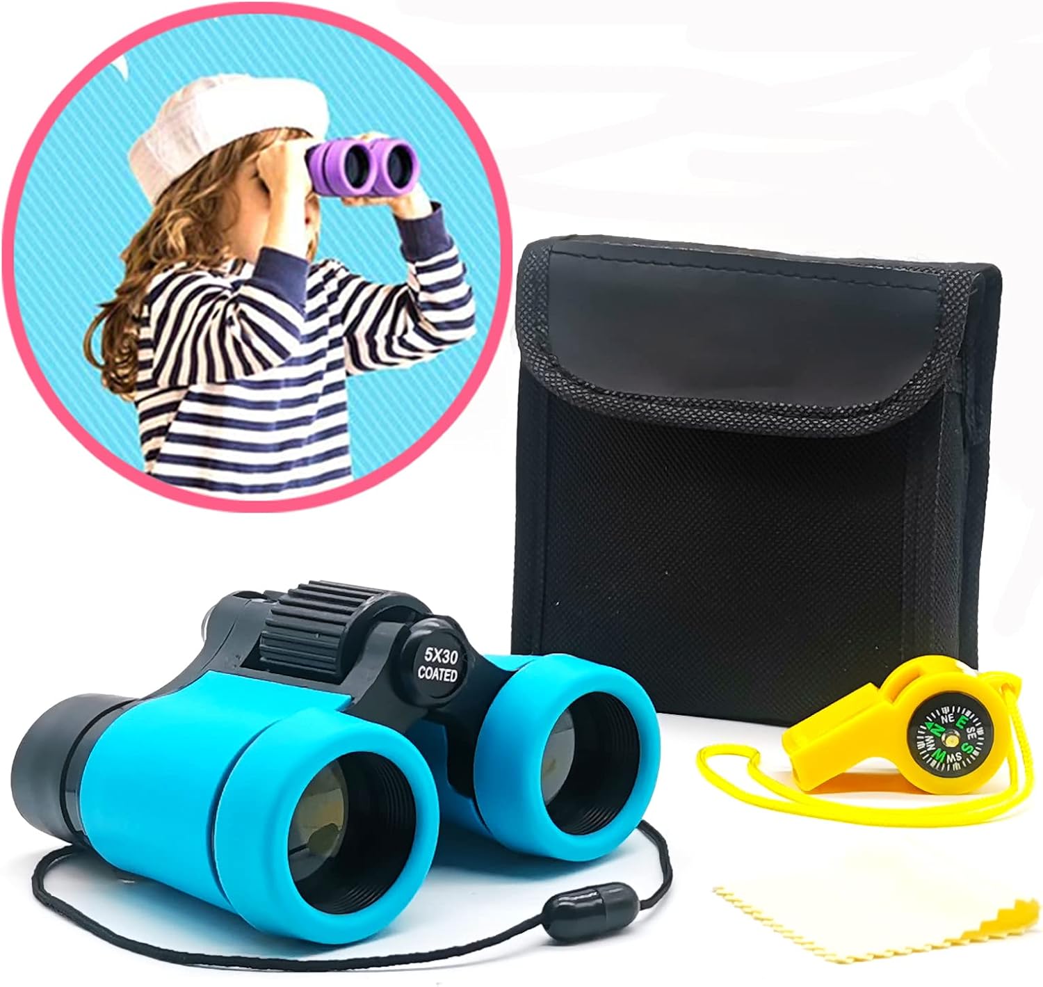 Showcases the binoculars along with included accessories like a carrying case and compass, highlighting its suitability for kids' outdoor adventures and exploration.