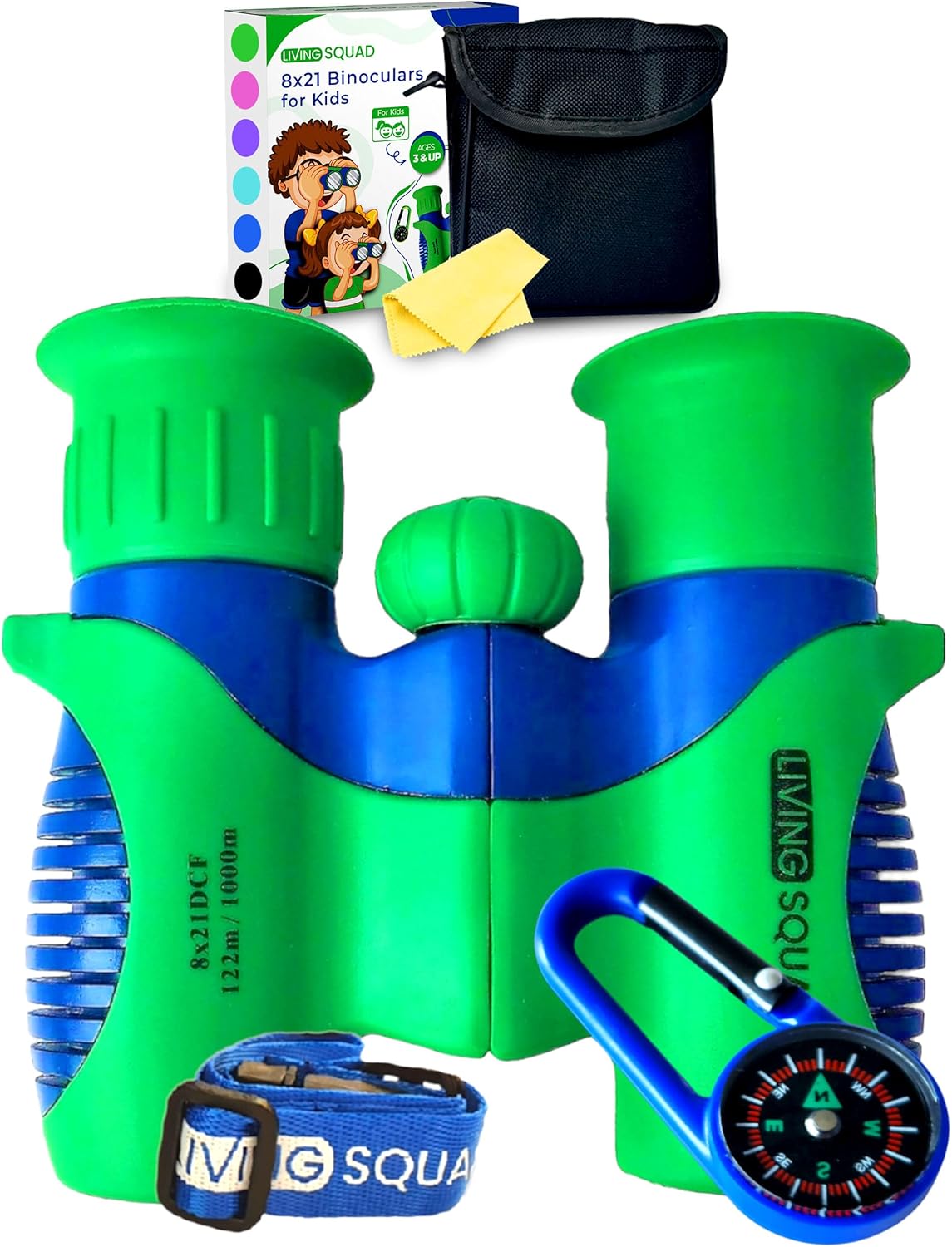 Showcases all the components included with the kids' binoculars set to demonstrate the full value of the purchase.