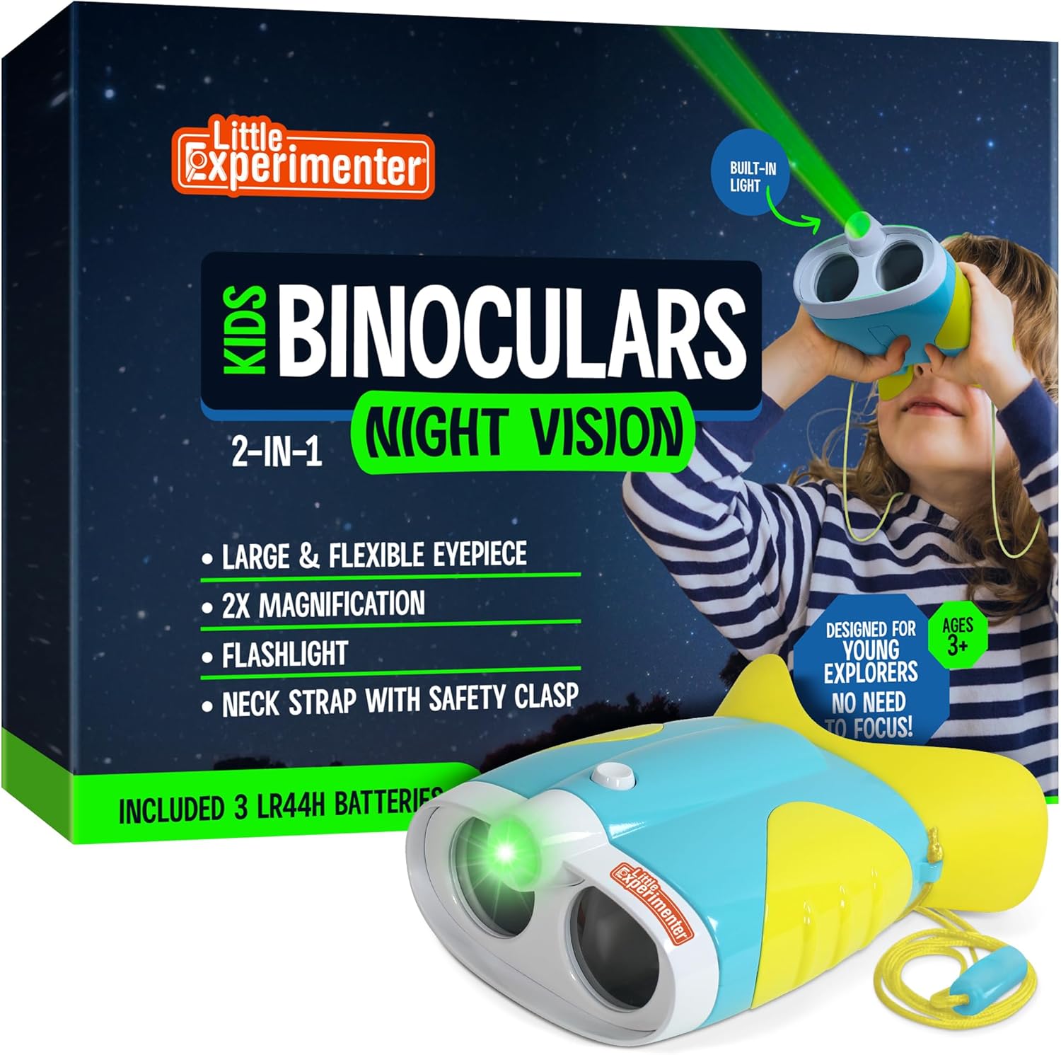 Highlights the binoculars' key features like night vision, magnification, flashlight, and safety strap to showcase its functionality and suitability for young explorers.