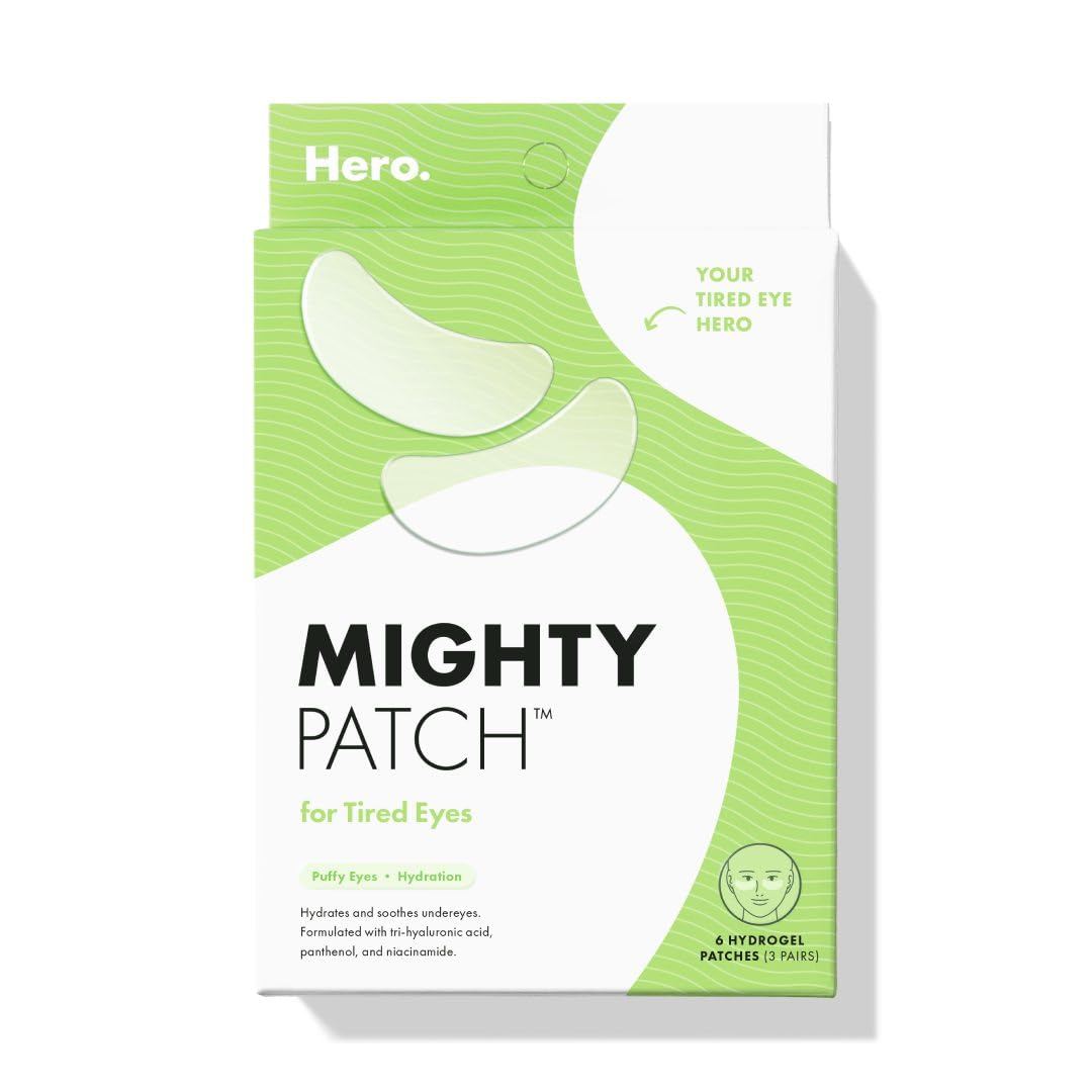 Showcases the product packaging to communicate brand identity and highlight the specific use case for tired eyes. Displays the actual product (eye patches) to give customers a clear view of what…