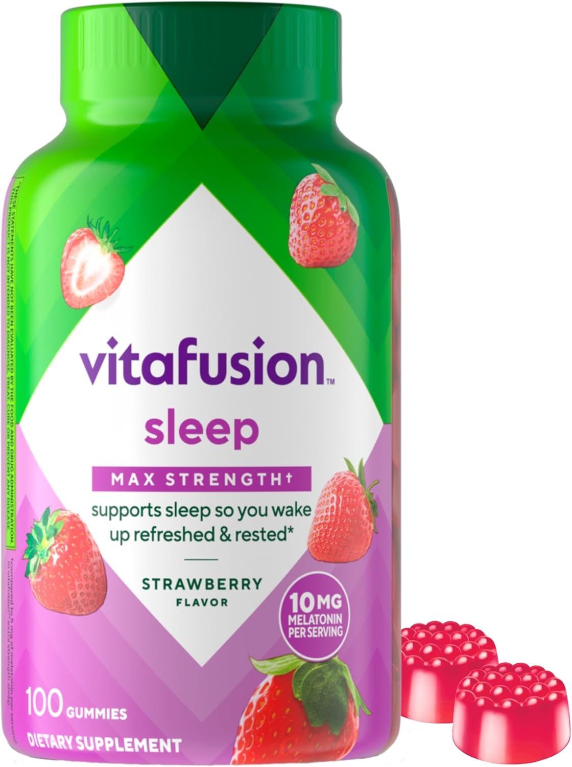 Showcases the product packaging to highlight the sleep support gummies with strawberry flavor and max strength formula. Displays the branded container to emphasize the product name, flavor, and key…