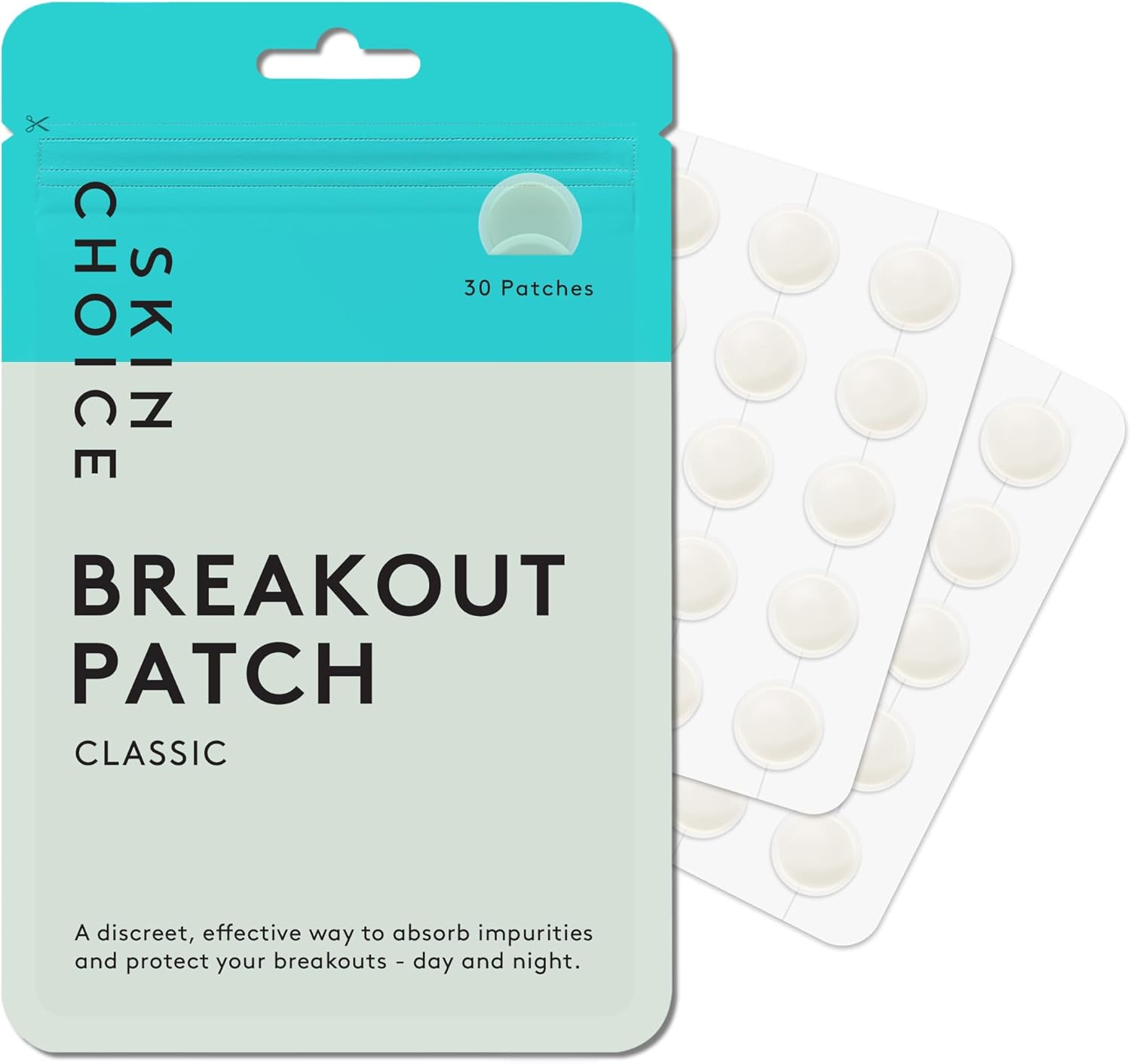 Showcases the product packaging and included acne patches to clearly communicate what the customer will receive. Displays the product's packaging to highlight its convenience and portability.